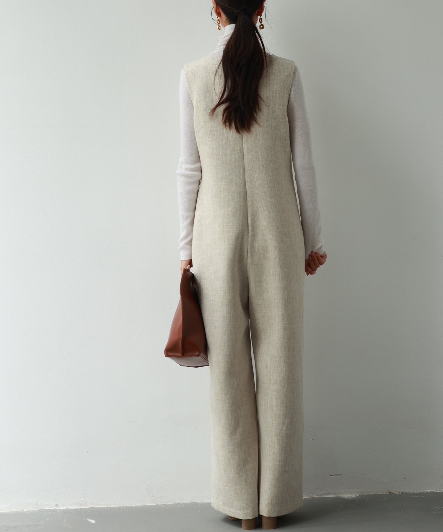 深Vネックツイードオールインワンsdp0150 ベージュ