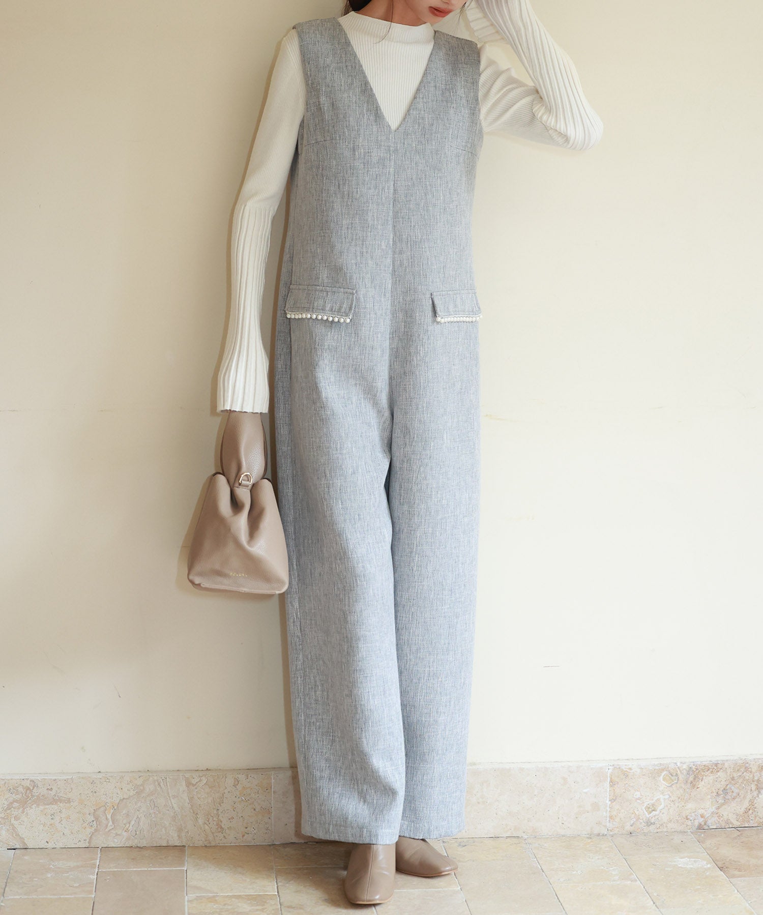 深Vネックツイードオールインワンsdp0150 グレー