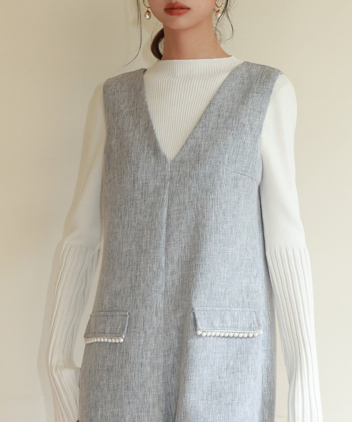 深Vネックツイードオールインワンsdp0150 グレー