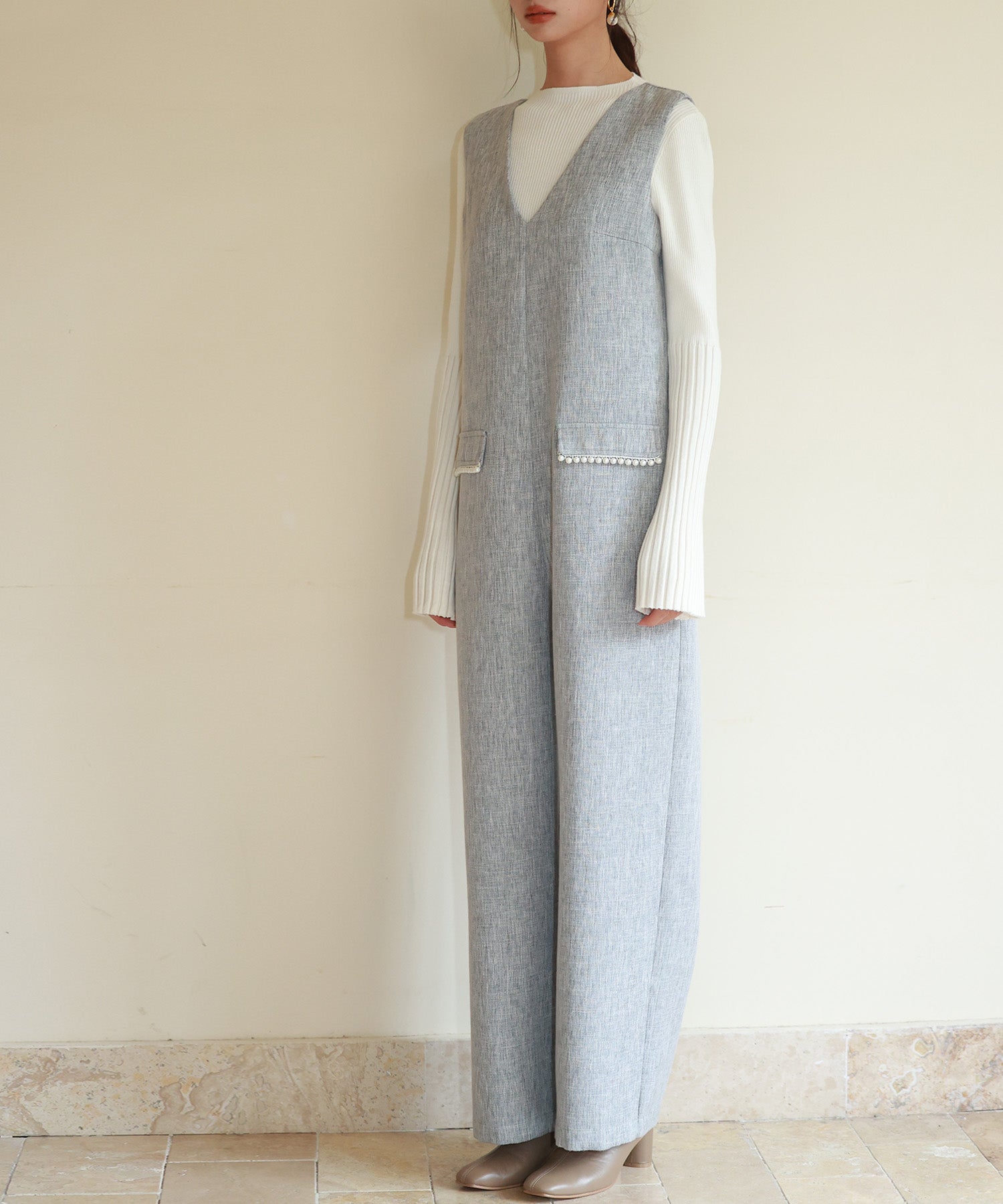 深Vネックツイードオールインワンsdp0150 グレー