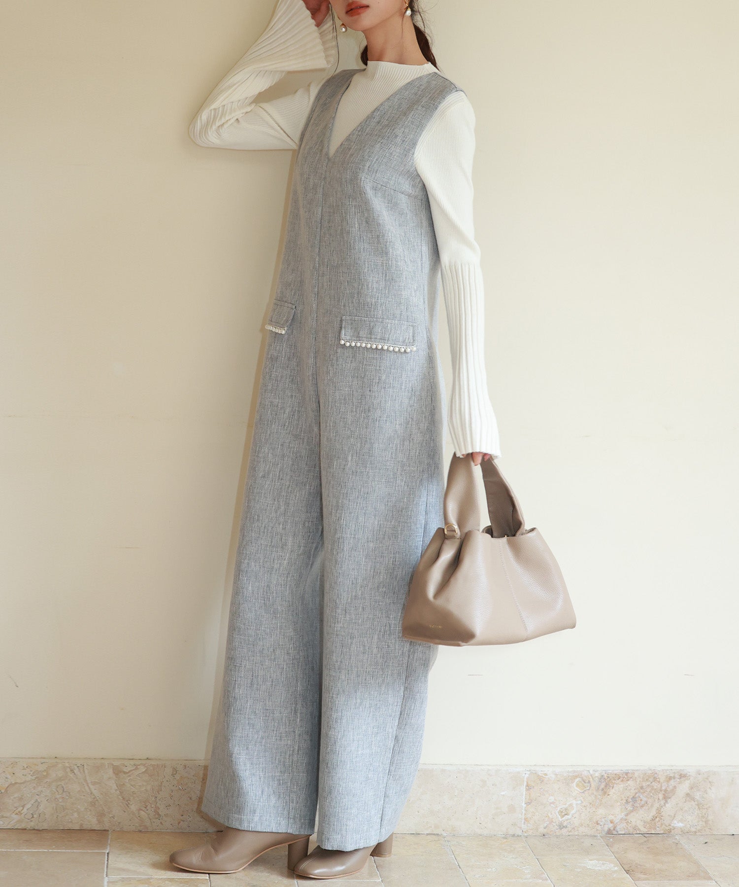 深Vネックツイードオールインワンsdp0150 グレー