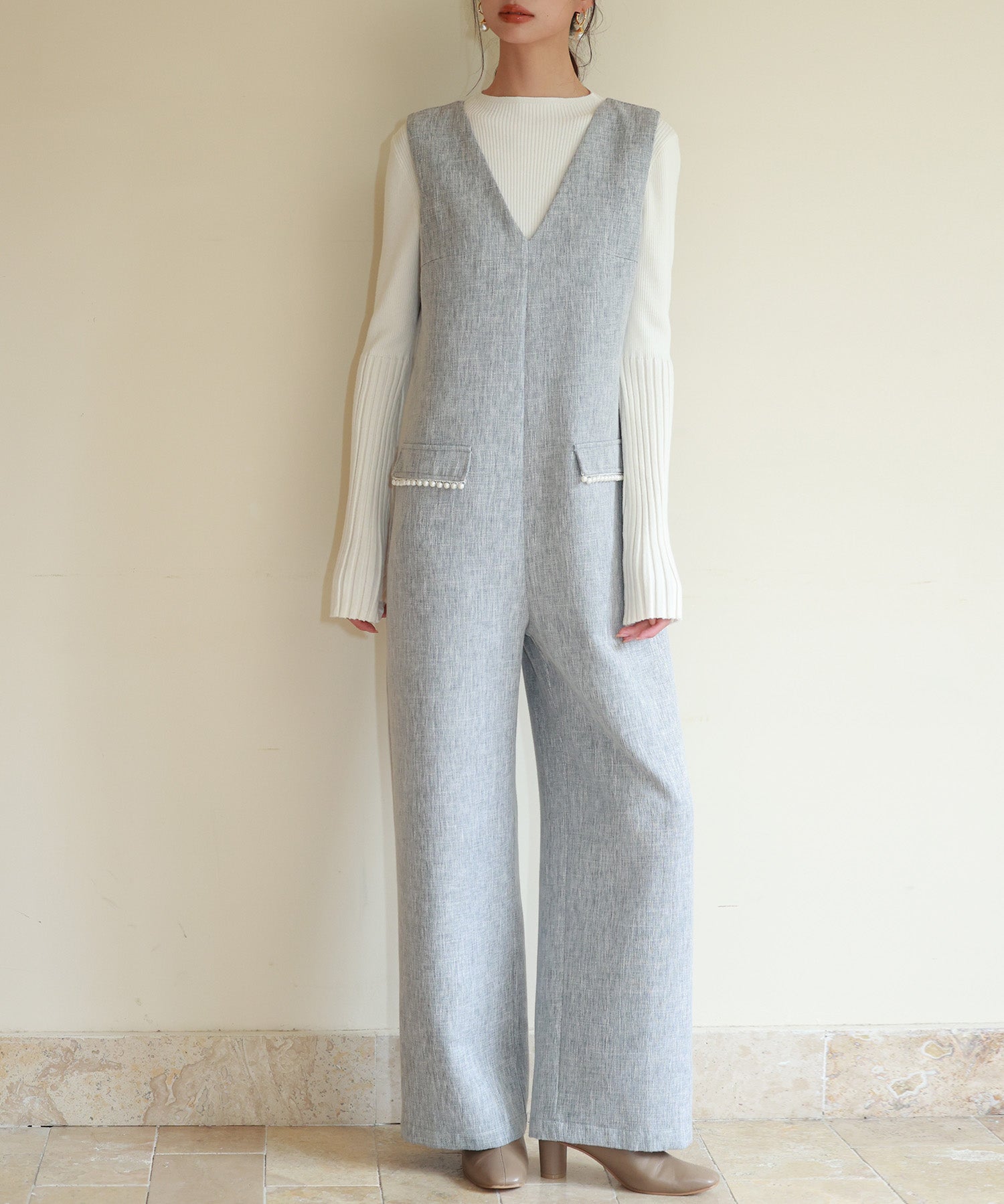 深Vネックツイードオールインワンsdp0150 グレー