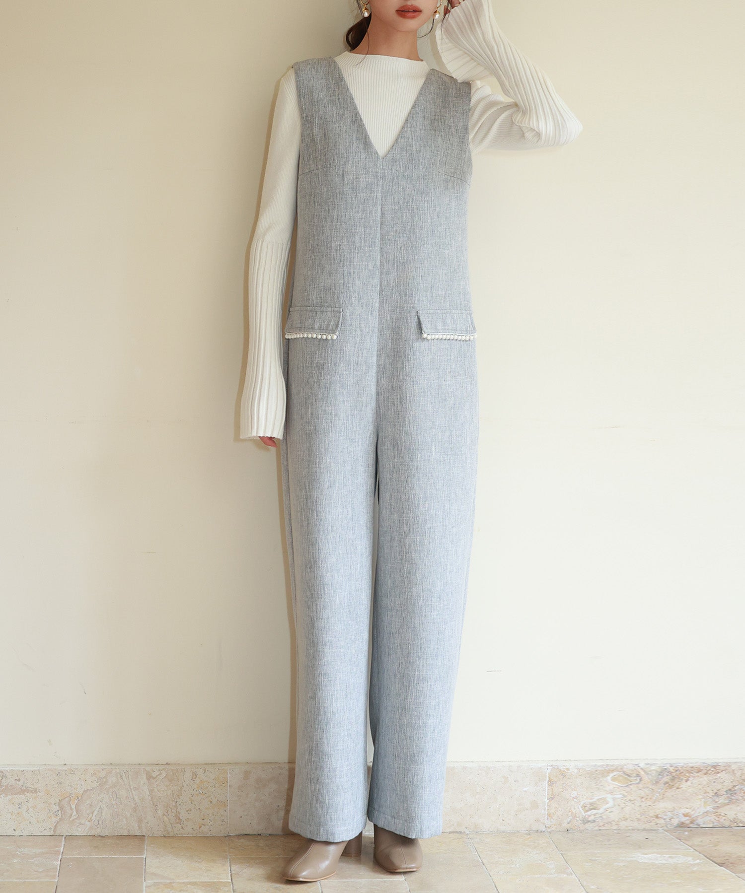 深Vネックツイードオールインワンsdp0150 グレー