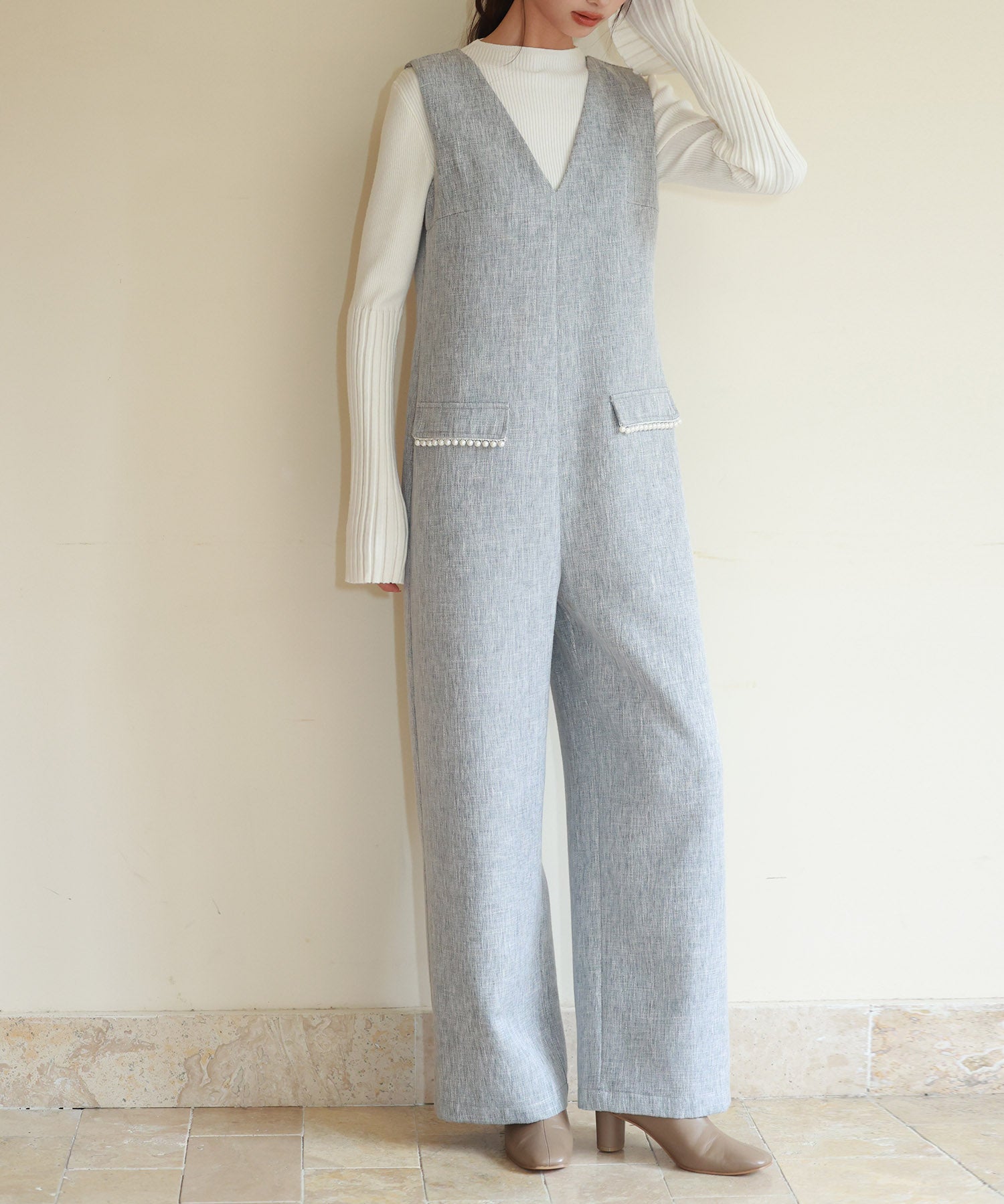 深Vネックツイードオールインワンsdp0150 グレー