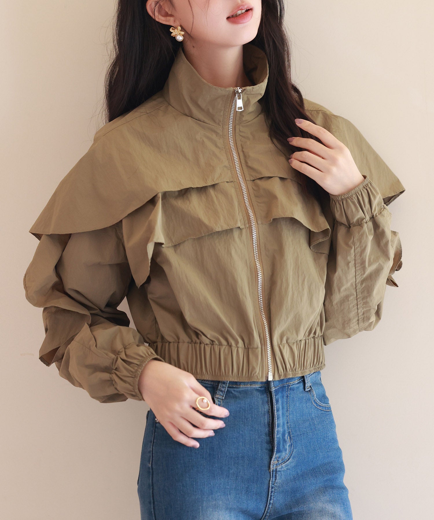 スタンドカラーフリルショート丈ブルゾンsdp0171 カーキ