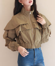 スタンドカラーフリルショート丈ブルゾンsdp0171 カーキ