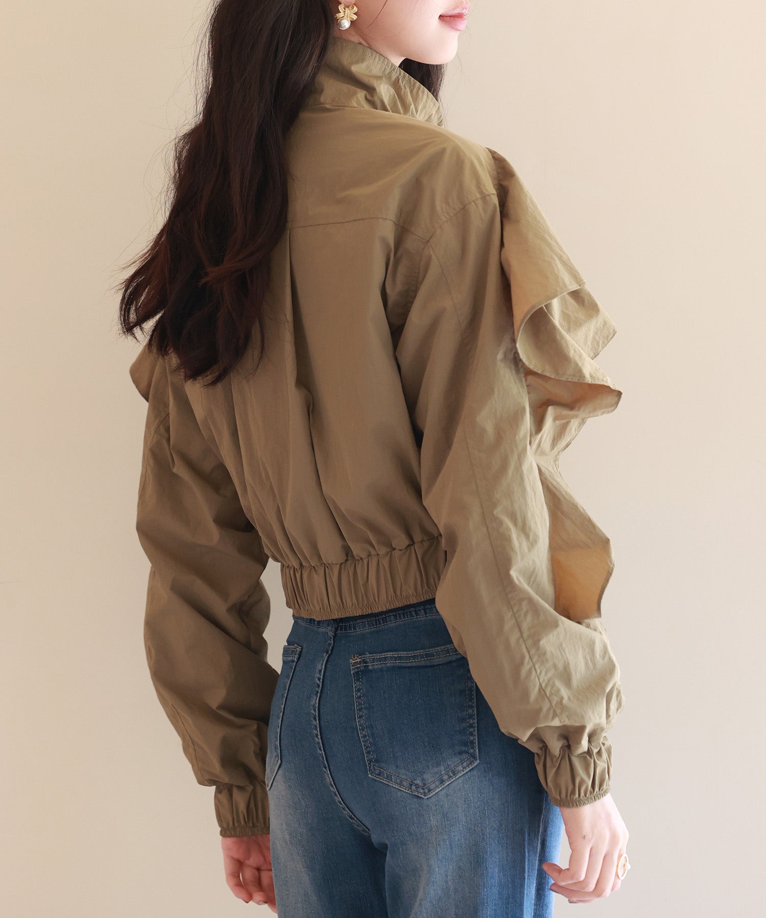 スタンドカラーフリルショート丈ブルゾンsdp0171 カーキ