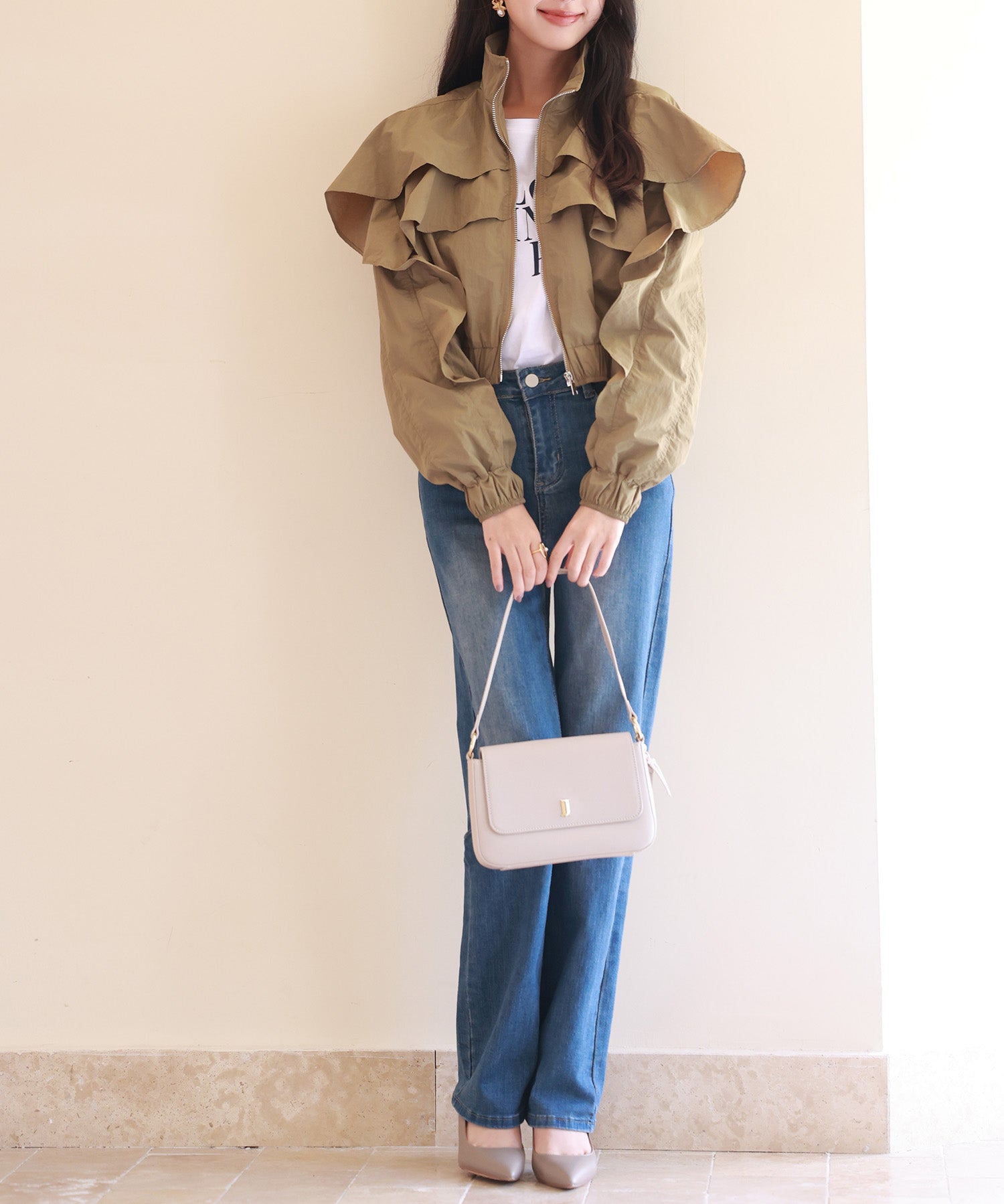 スタンドカラーフリルショート丈ブルゾンsdp0171 カーキ