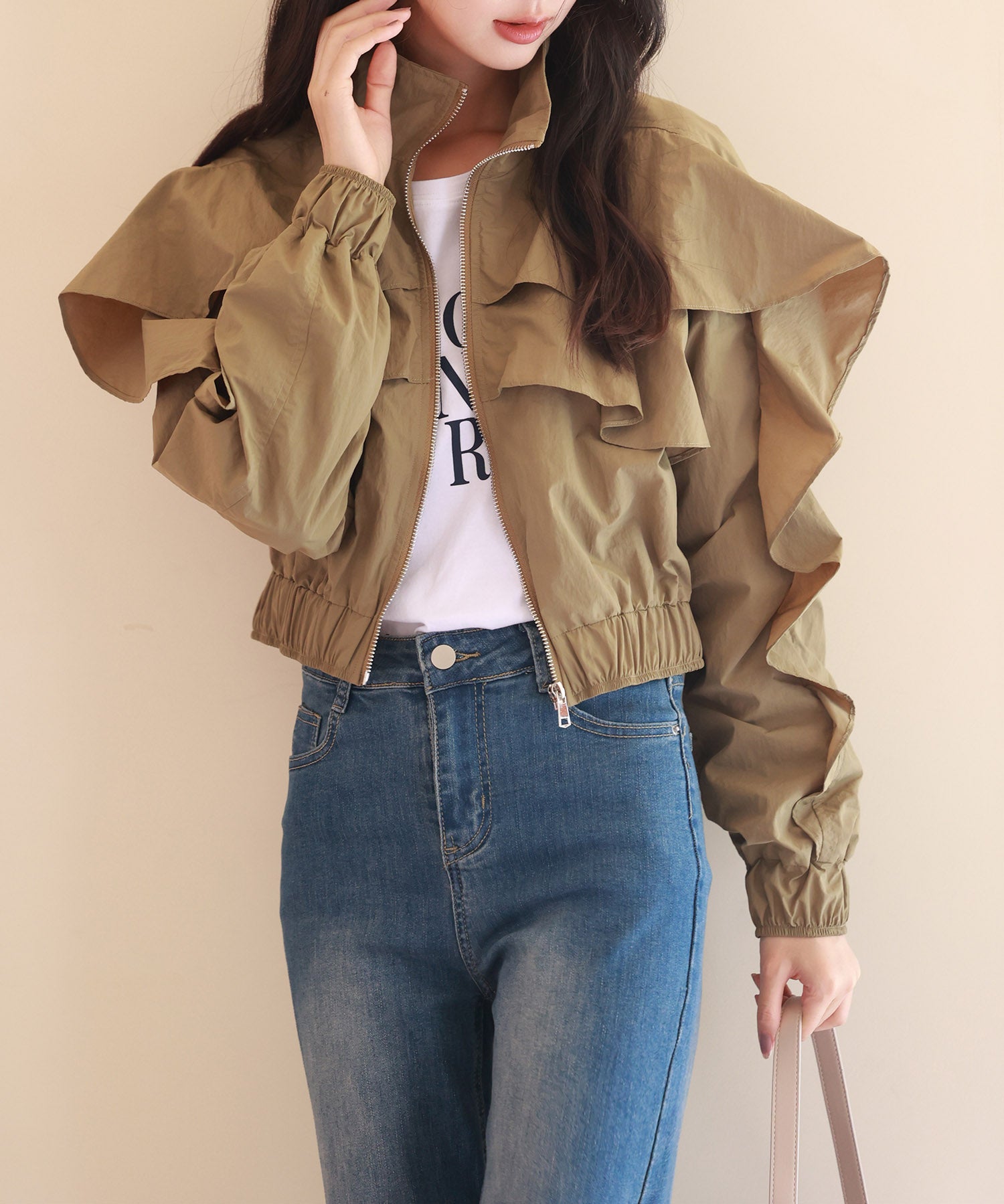 スタンドカラーフリルショート丈ブルゾンsdp0171 カーキ