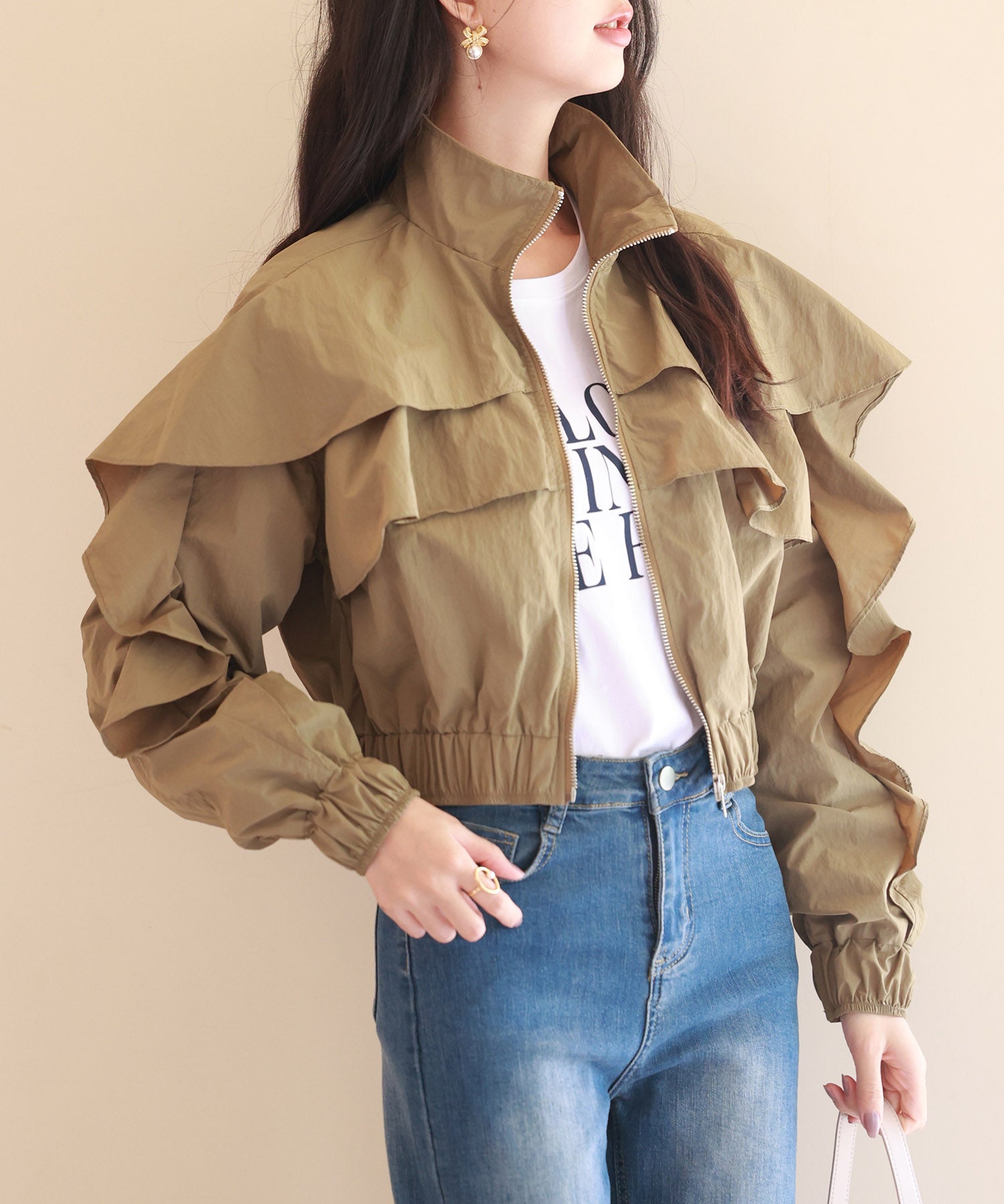 スタンドカラーフリルショート丈ブルゾンsdp0171 カーキ