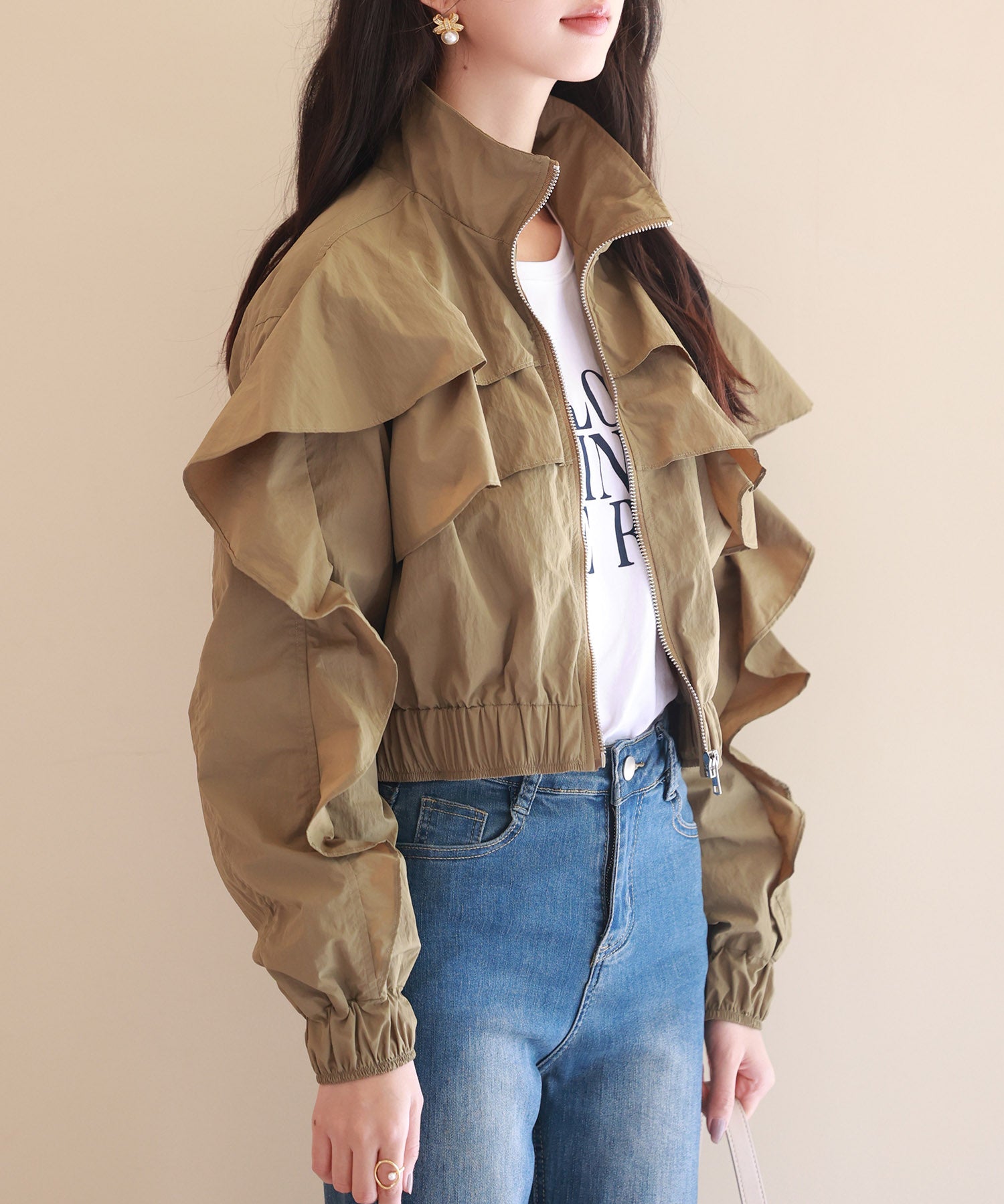 スタンドカラーフリルショート丈ブルゾンsdp0171 カーキ