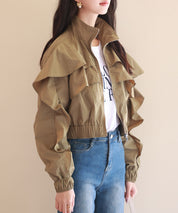 スタンドカラーフリルショート丈ブルゾンsdp0171 カーキ