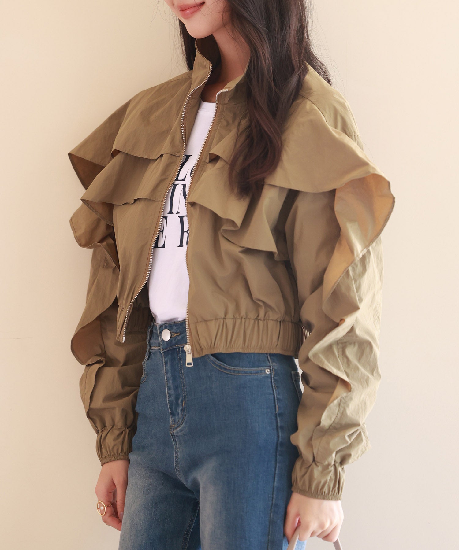 スタンドカラーフリルショート丈ブルゾンsdp0171 カーキ