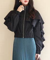 スタンドカラーフリルショート丈ブルゾンsdp0171 ブラック