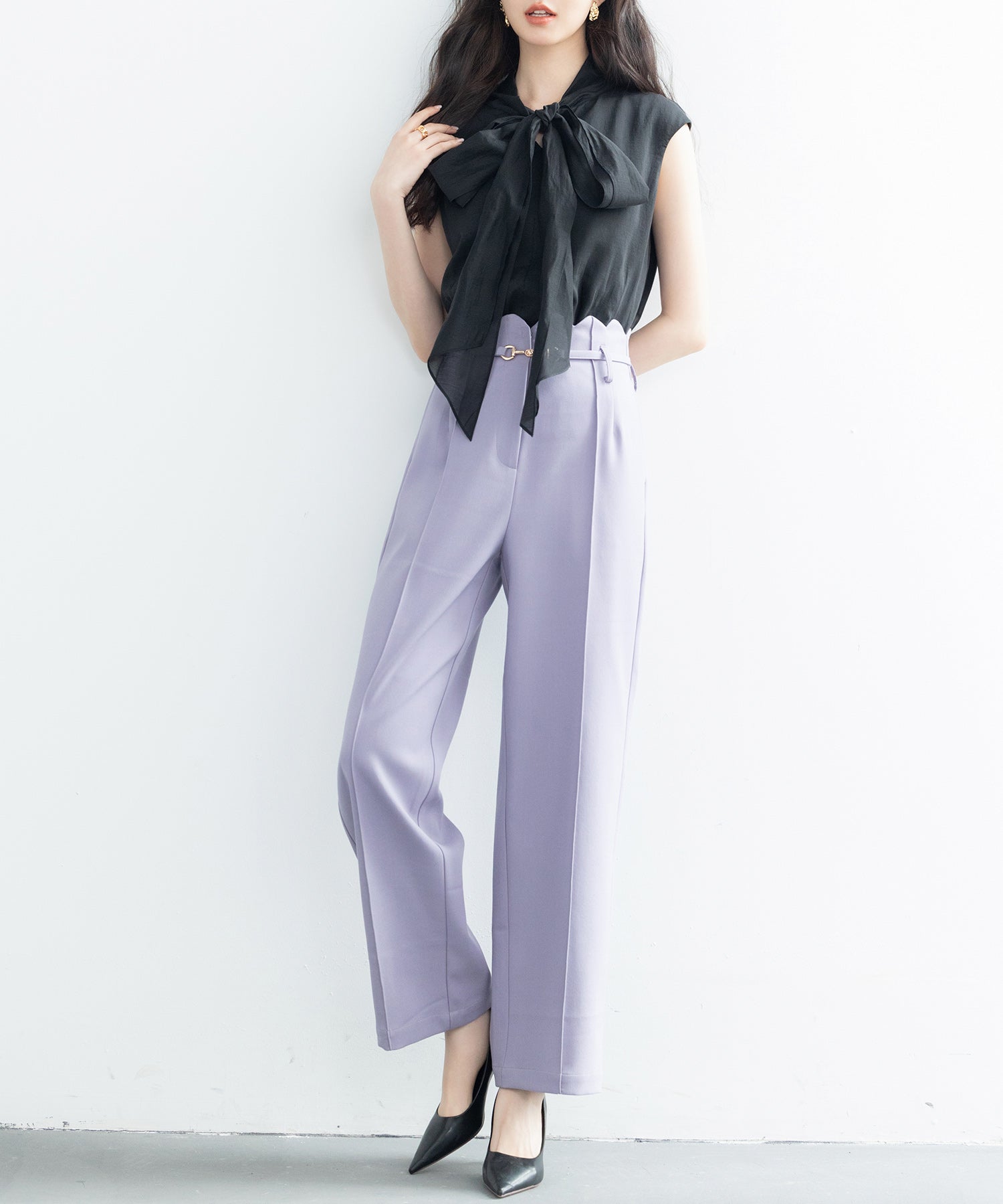 スカラップウエストワイドパンツsdp0172 ラベンダー