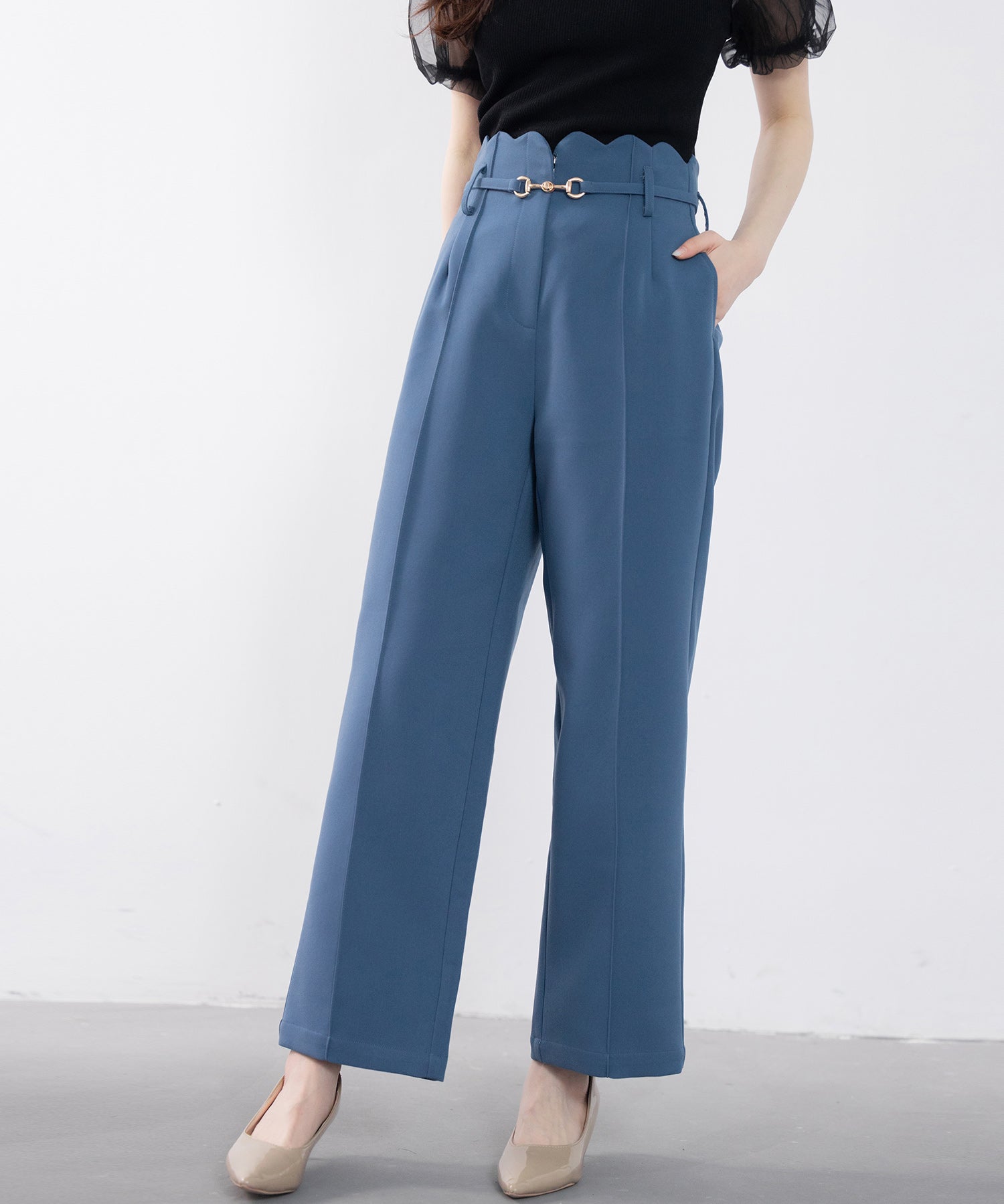 スカラップウエストワイドパンツsdp0172 ブルーグレー