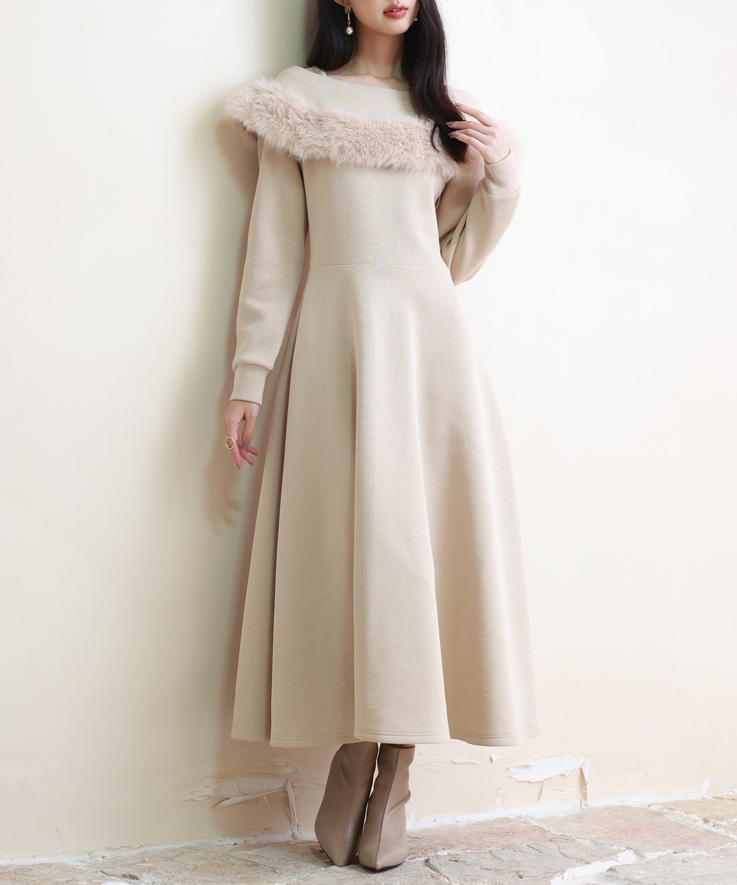 ファー付きケープ風ロングフレアワンピースsdp0176-102-14