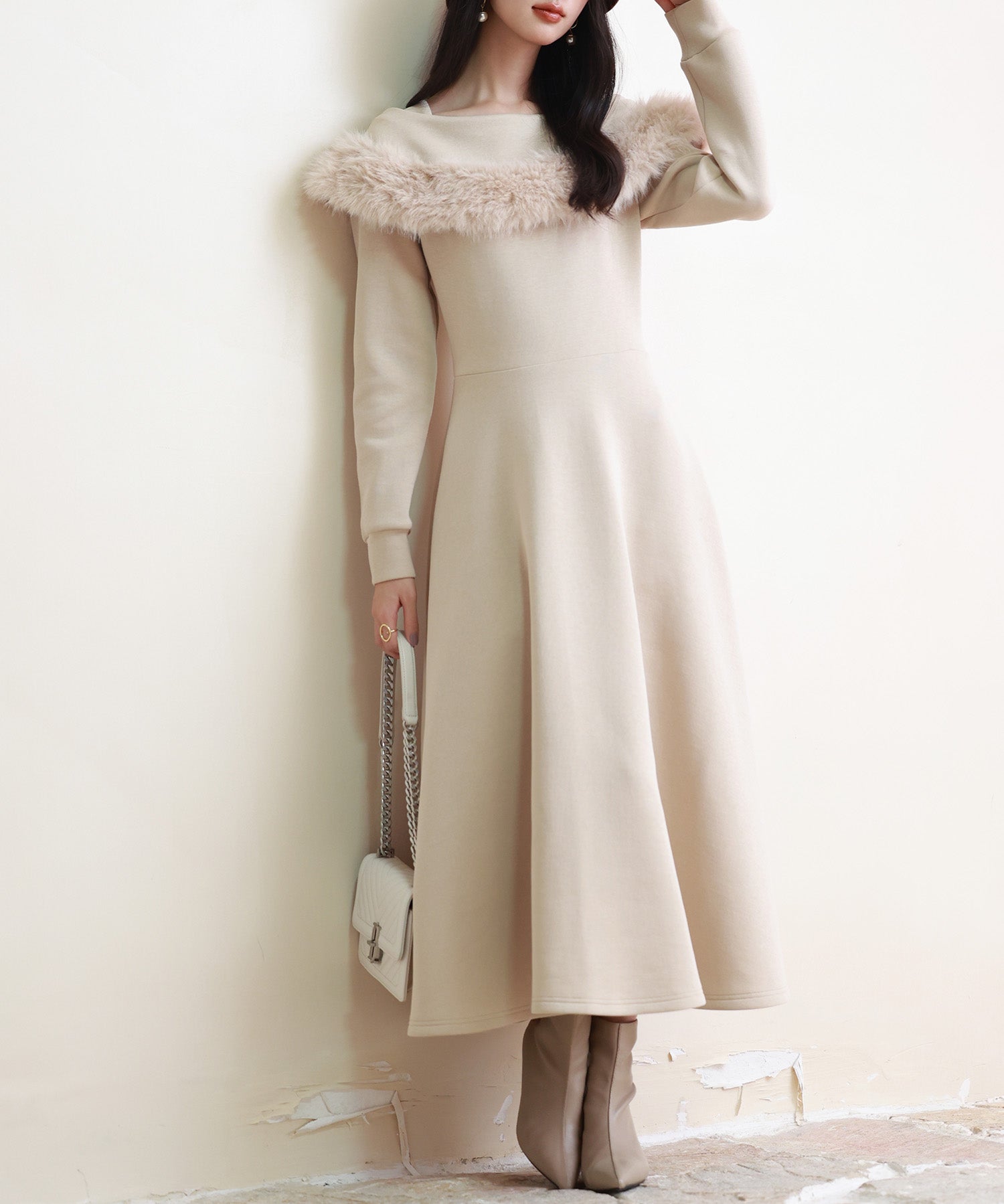 ファー付きケープ風ロングフレアワンピースsdp0176