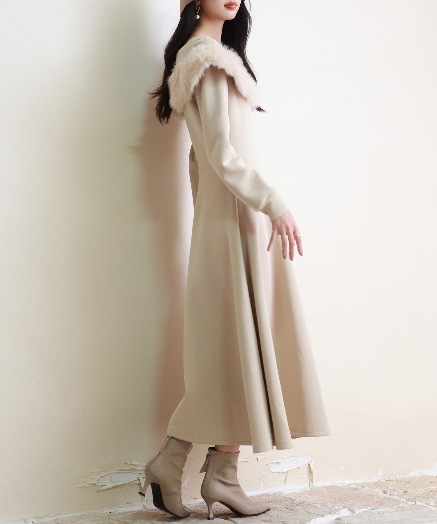 ファー付きケープ風ロングフレアワンピースsdp0176