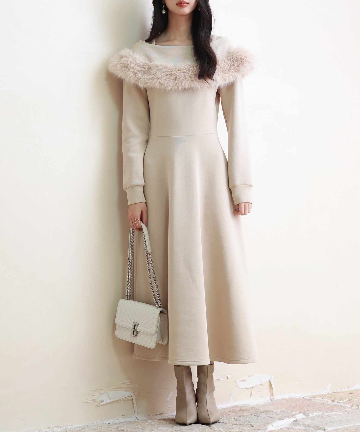 ファー付きケープ風ロングフレアワンピースsdp0176