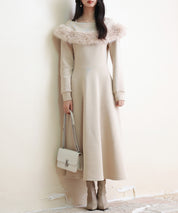 ファー付きケープ風ロングフレアワンピースsdp0176