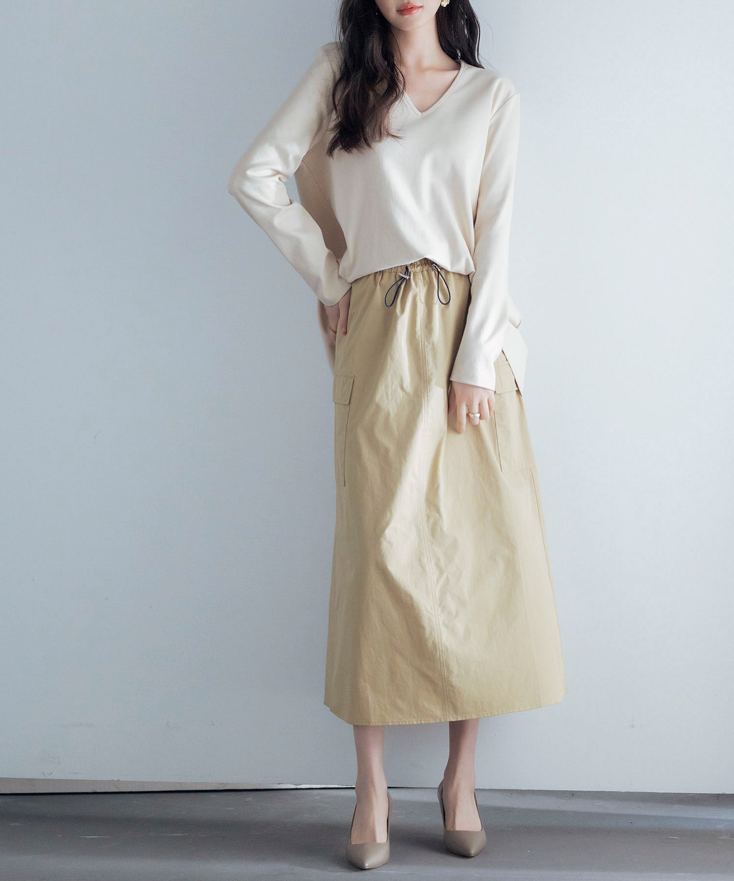 ハイウエストカーゴポケットロング丈スカートsdp0182 ベージュ