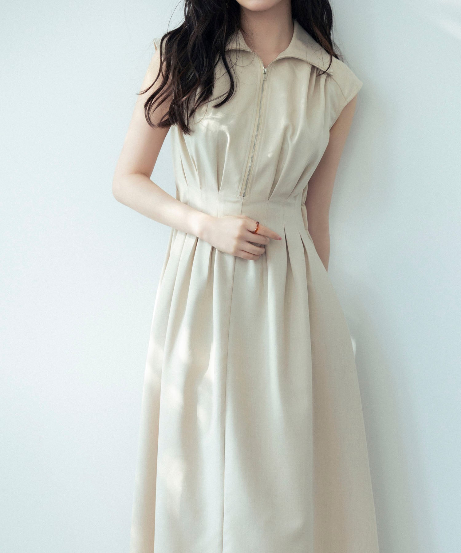 ウエストタックミモレ丈ワンピースsdp0183 ベージュ