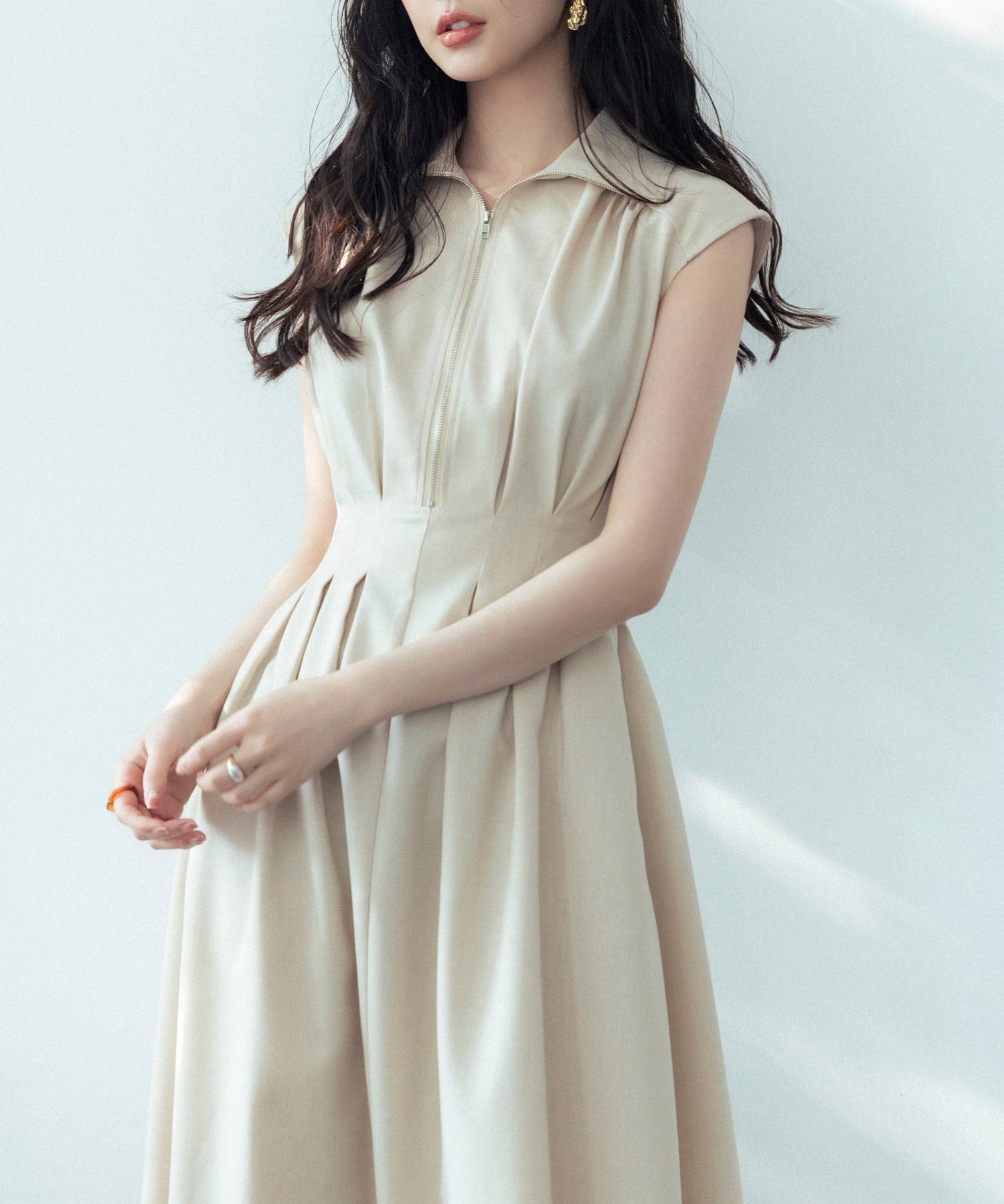 ウエストタックミモレ丈ワンピースsdp0183 ベージュ