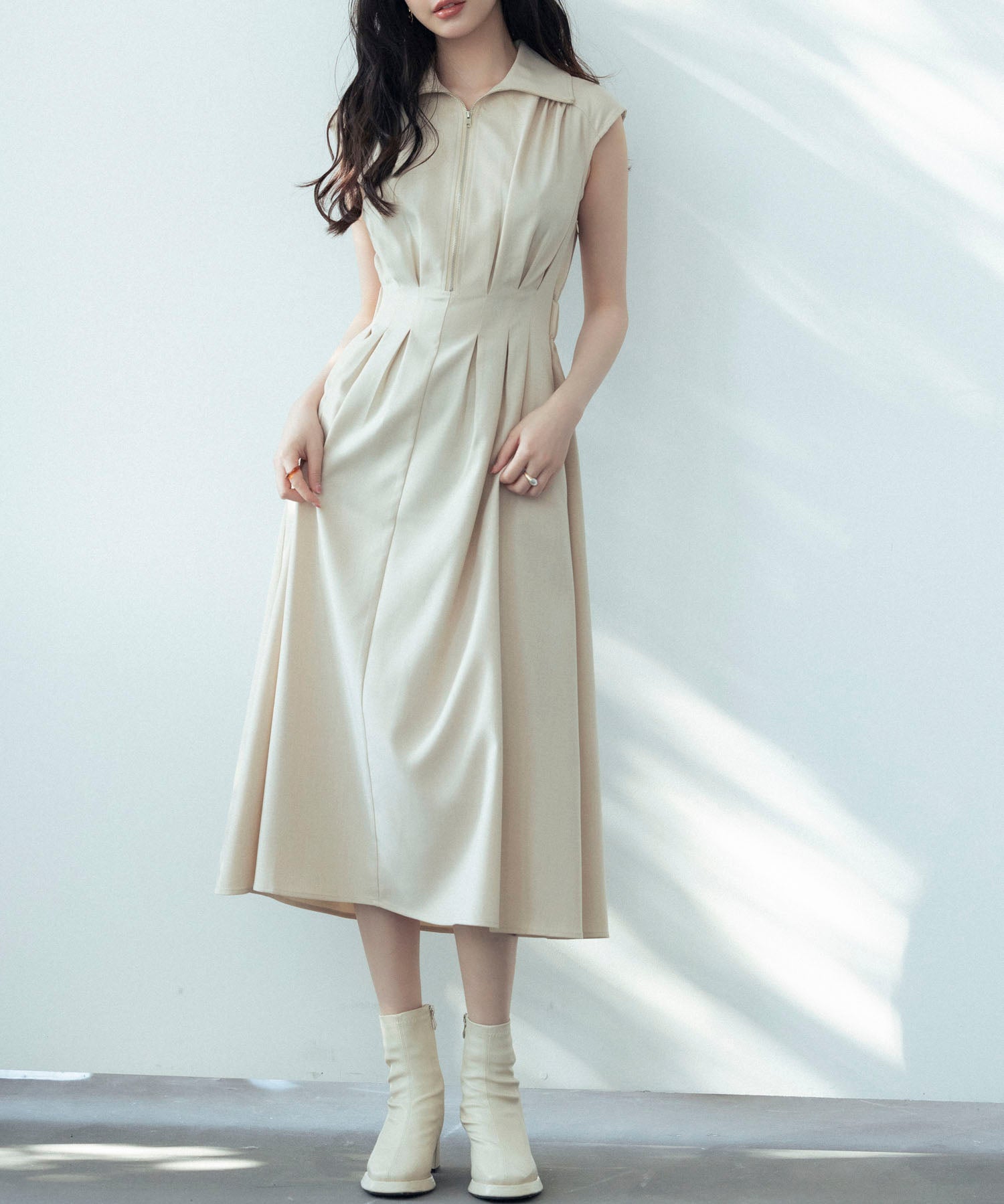 ウエストタックミモレ丈ワンピースsdp0183 ベージュ