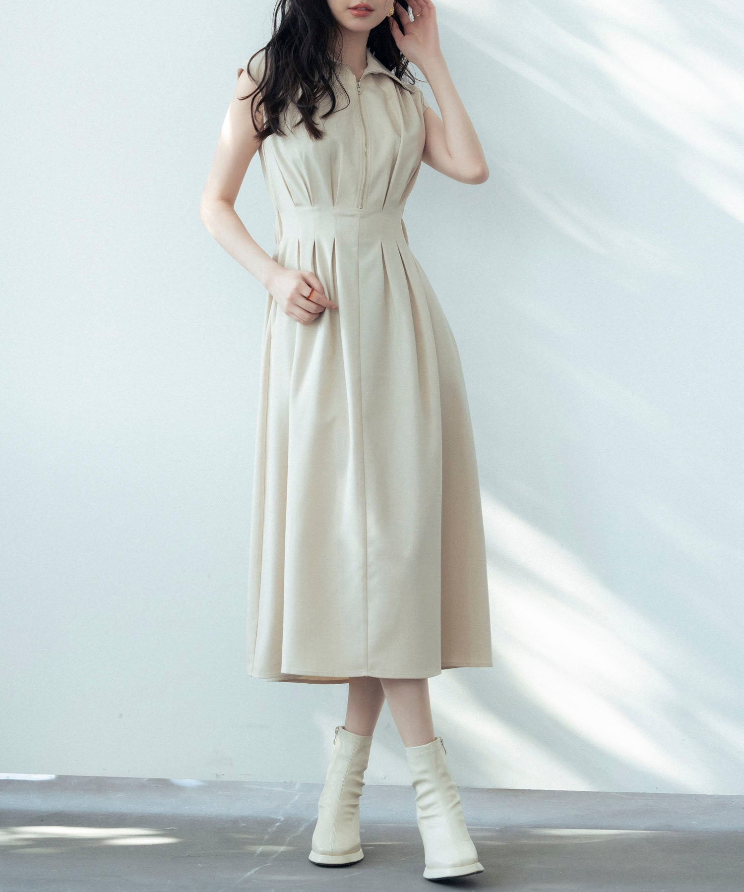 ウエストタックミモレ丈ワンピースsdp0183 ベージュ