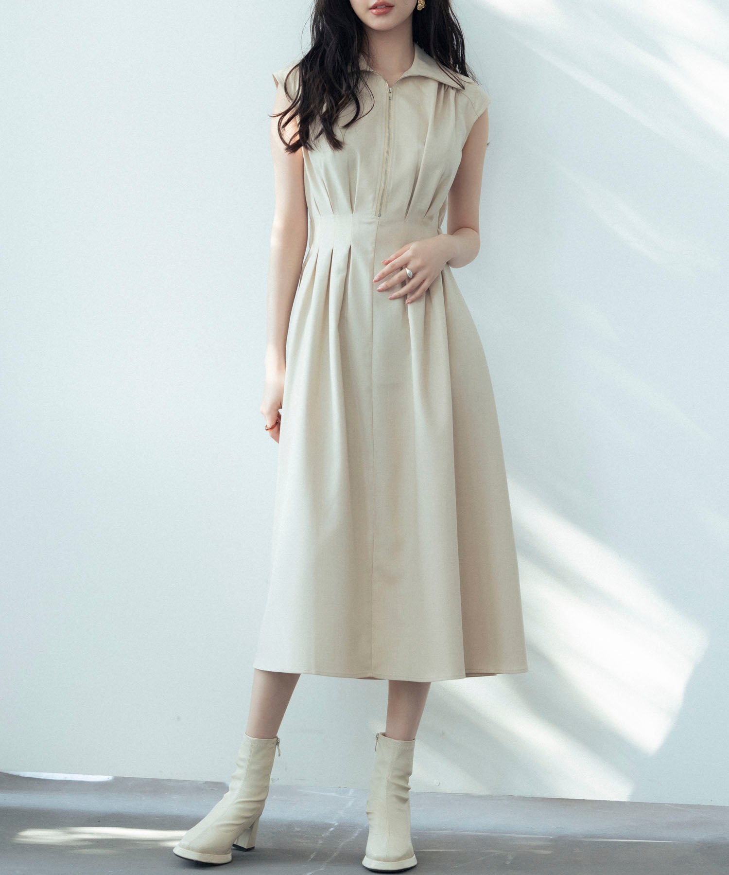 ウエストタックミモレ丈ワンピースsdp0183 ベージュ