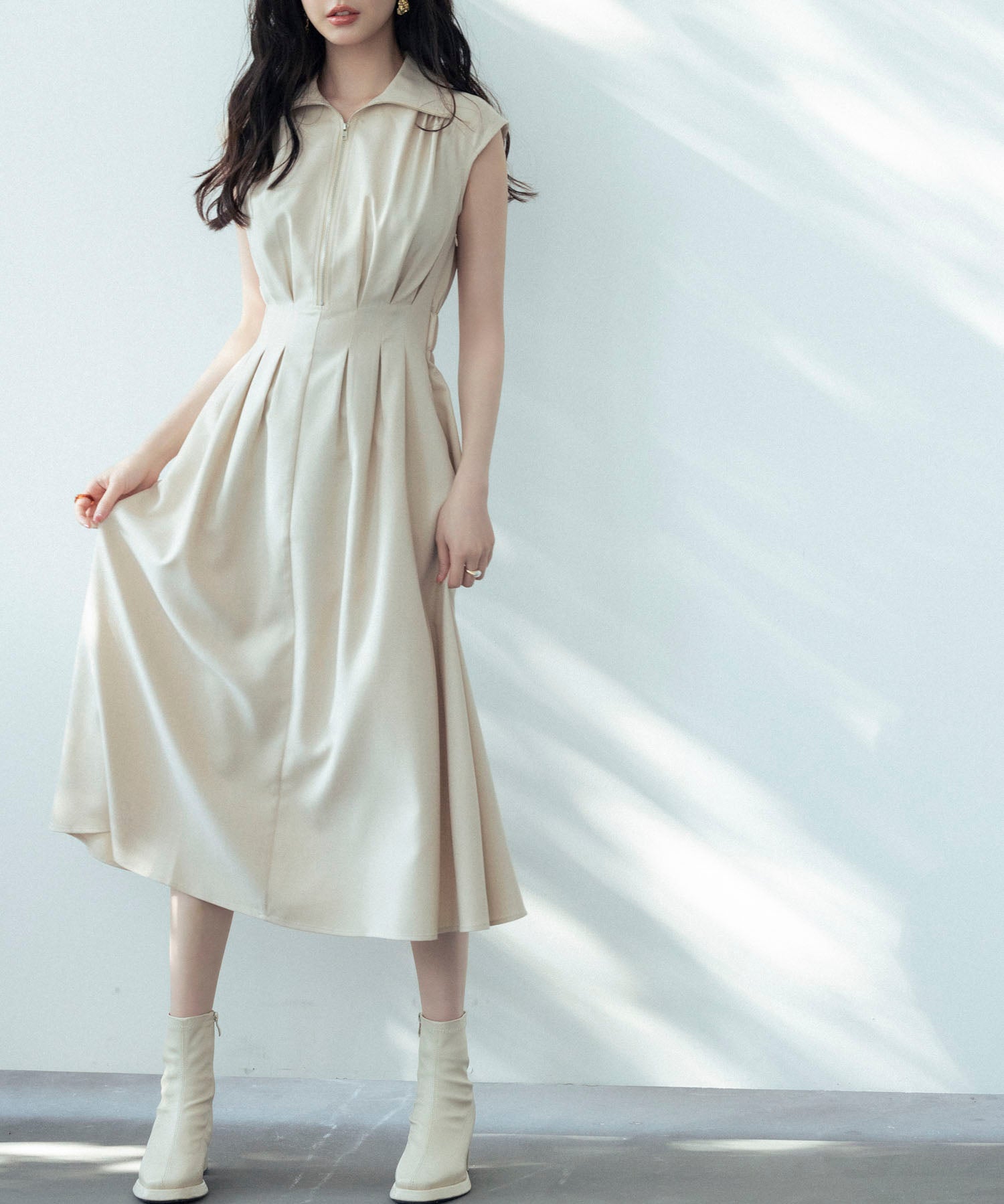 ウエストタックミモレ丈ワンピースsdp0183 ベージュ