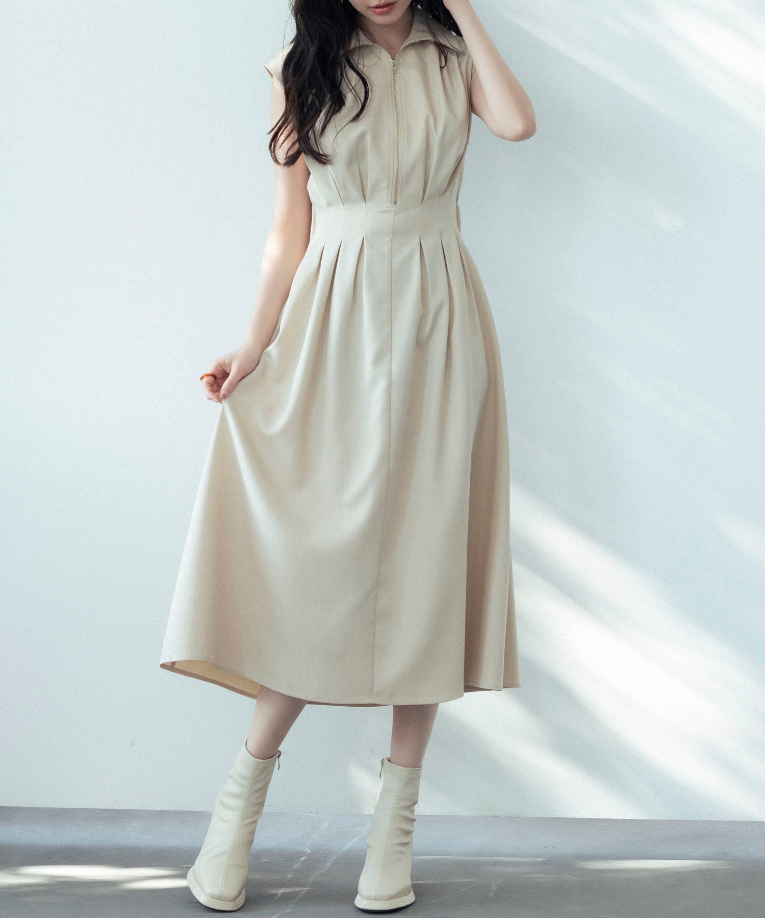 ウエストタックミモレ丈ワンピースsdp0183 ベージュ
