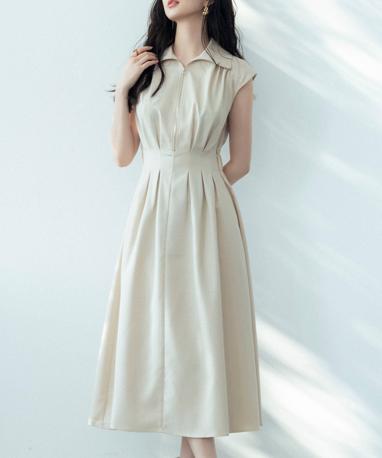 ウエストタックミモレ丈ワンピースsdp0183 ベージュ