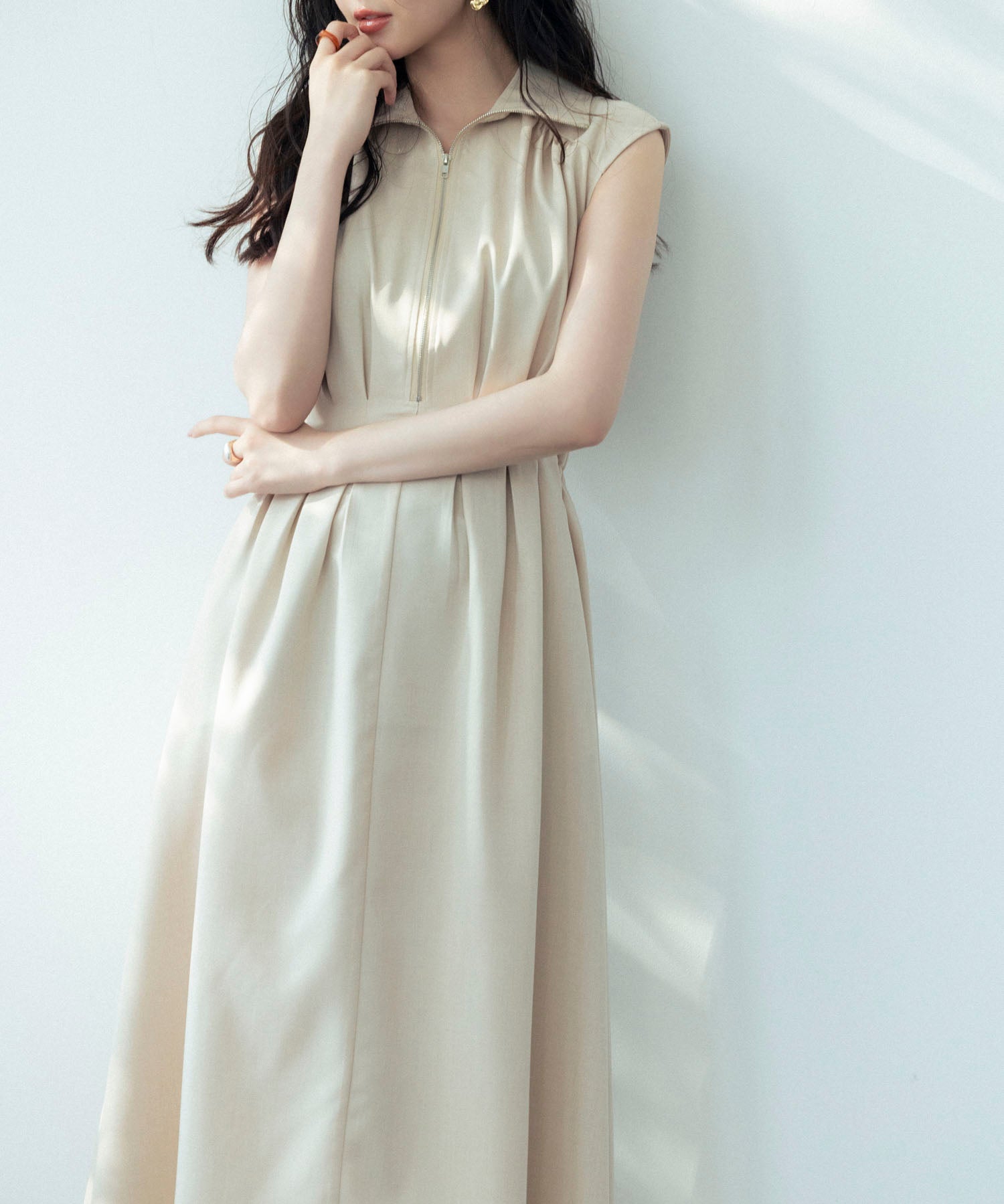 ウエストタックミモレ丈ワンピースsdp0183 ベージュ