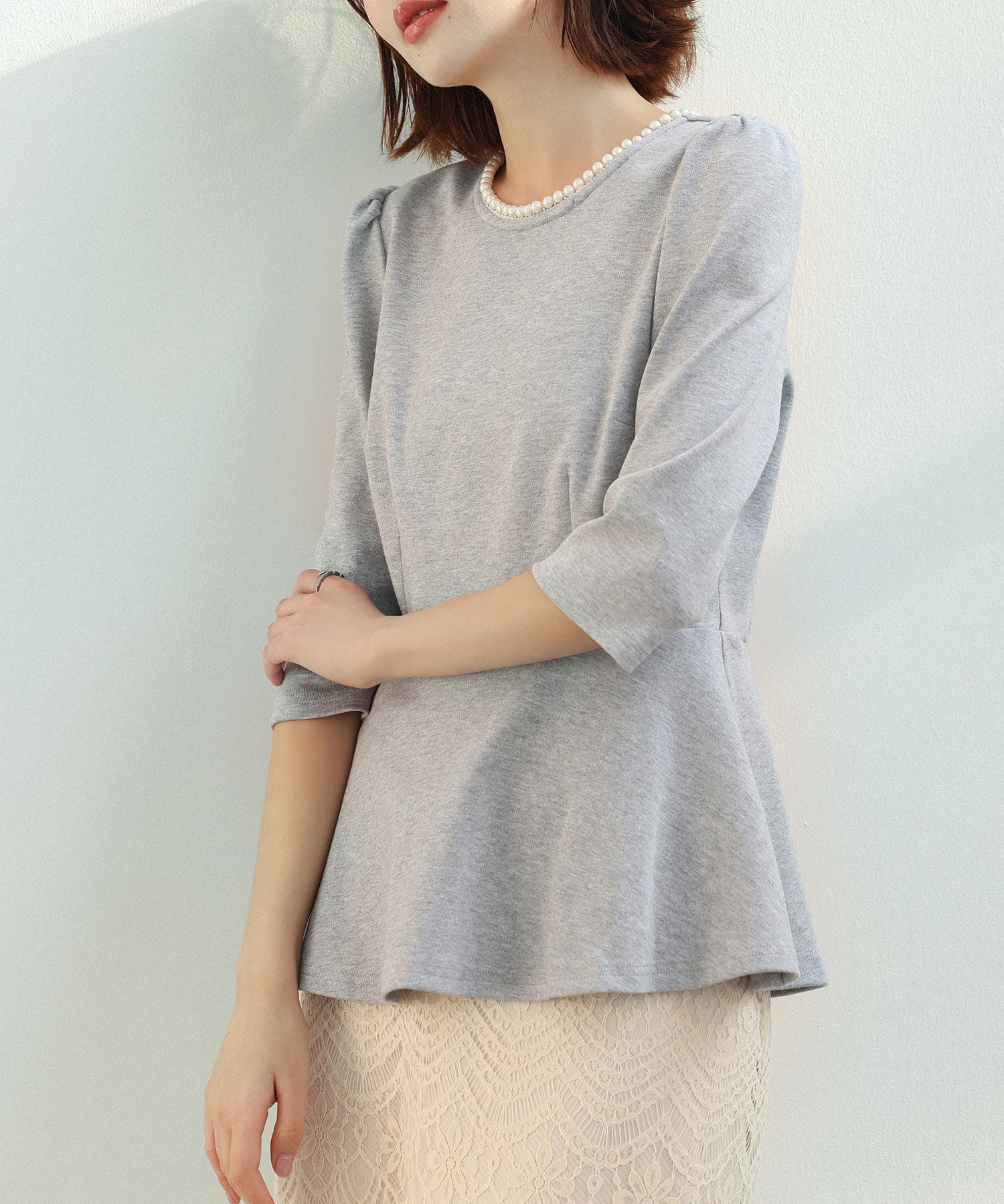 ペプラムデザインパール衿カットソーsdp0186 グレー