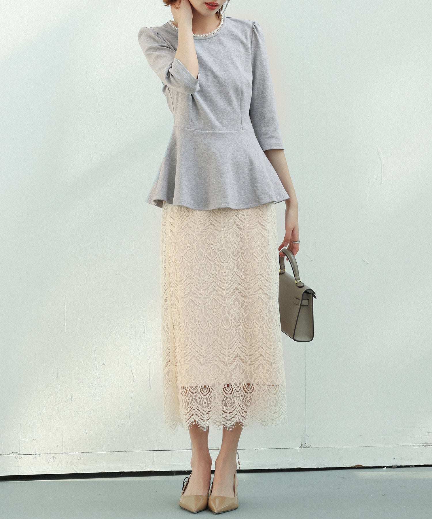 ペプラムデザインパール衿カットソーsdp0186 グレー