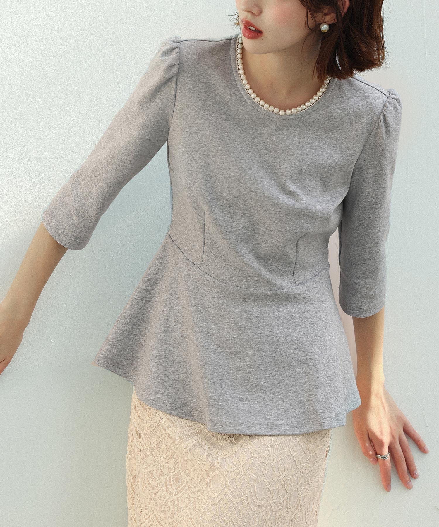 ペプラムデザインパール衿カットソーsdp0186 グレー