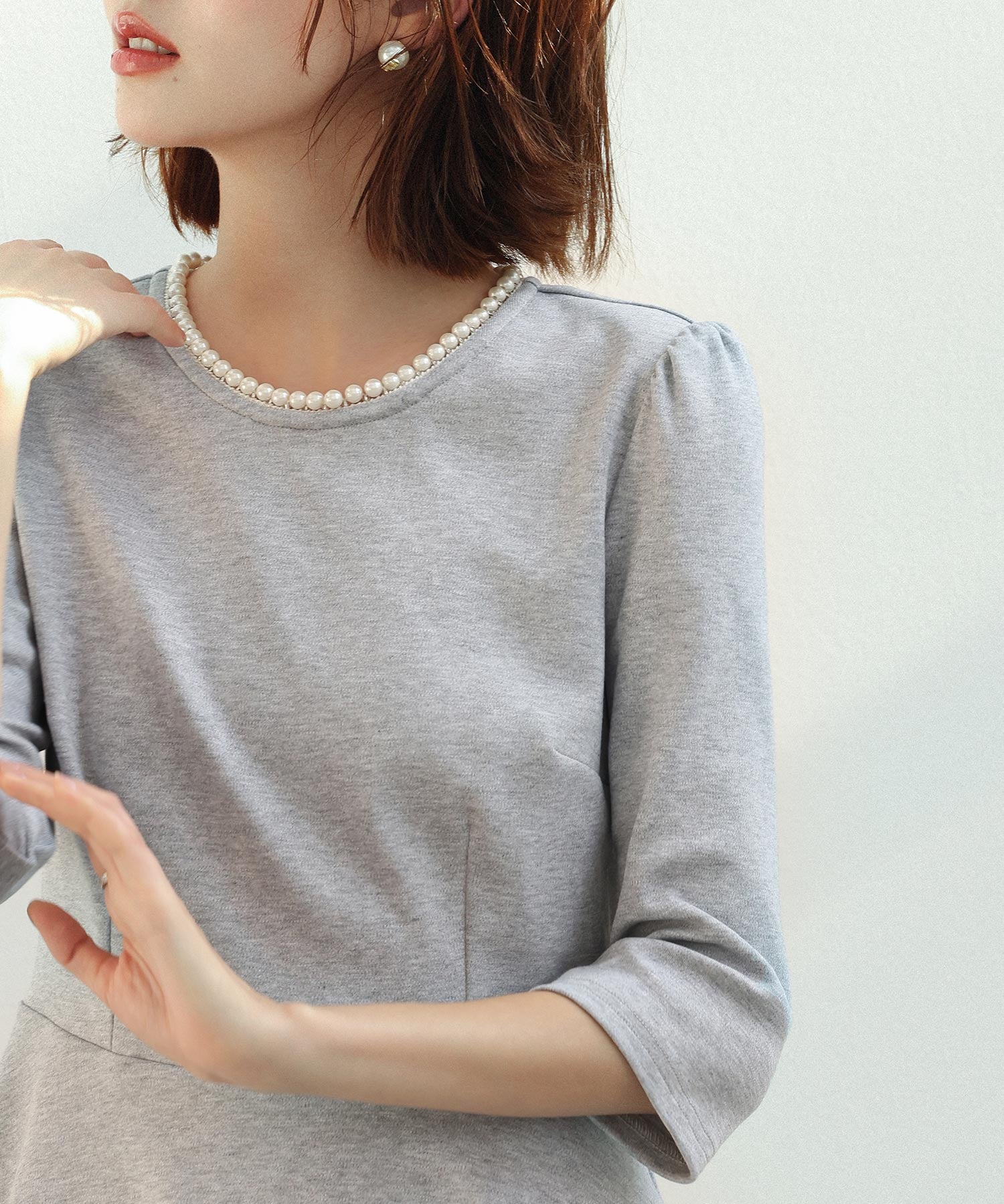 ペプラムデザインパール衿カットソーsdp0186 グレー