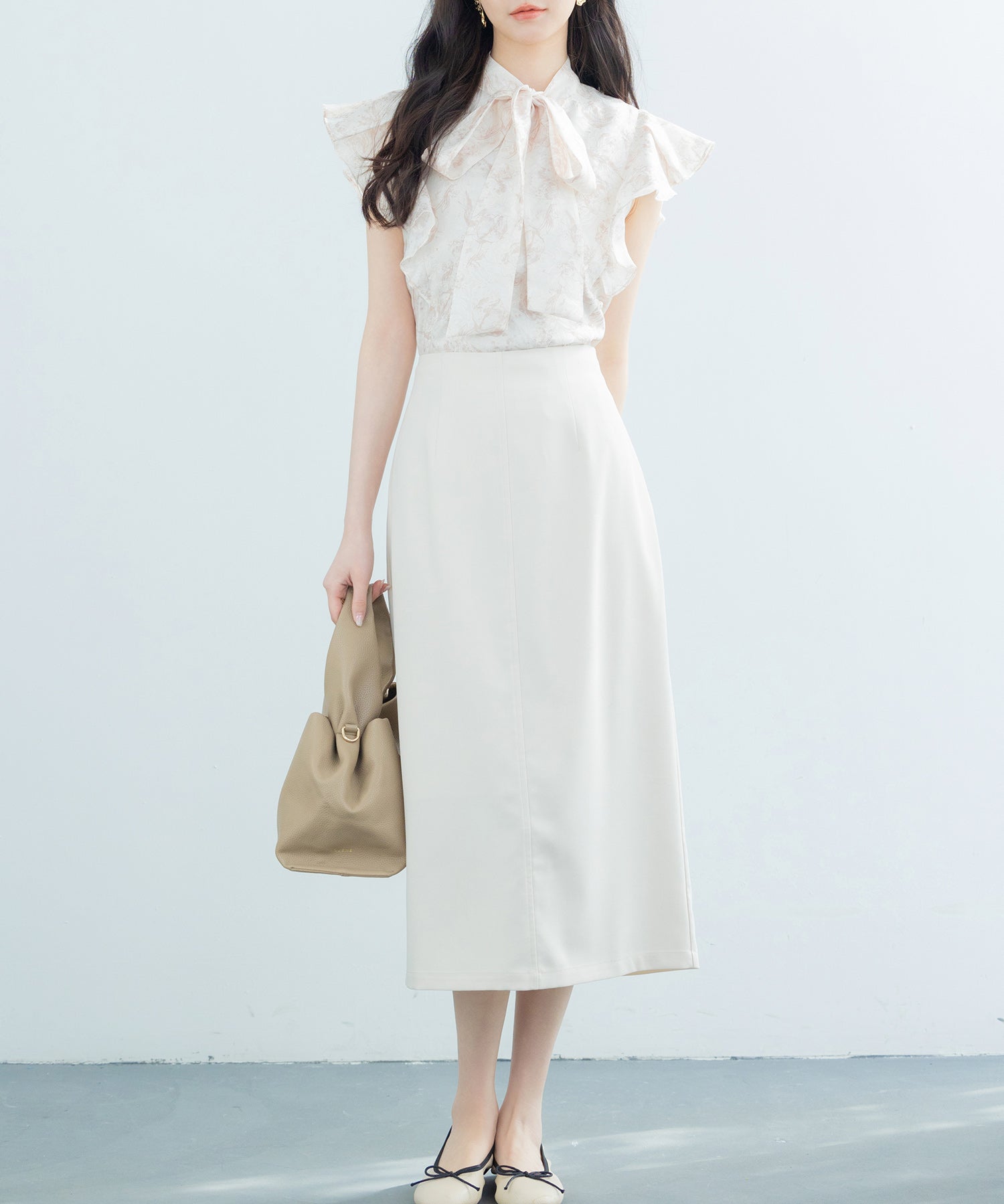 ハイウエスト仕様ミモレ丈スカートsdp0193 ベージュ