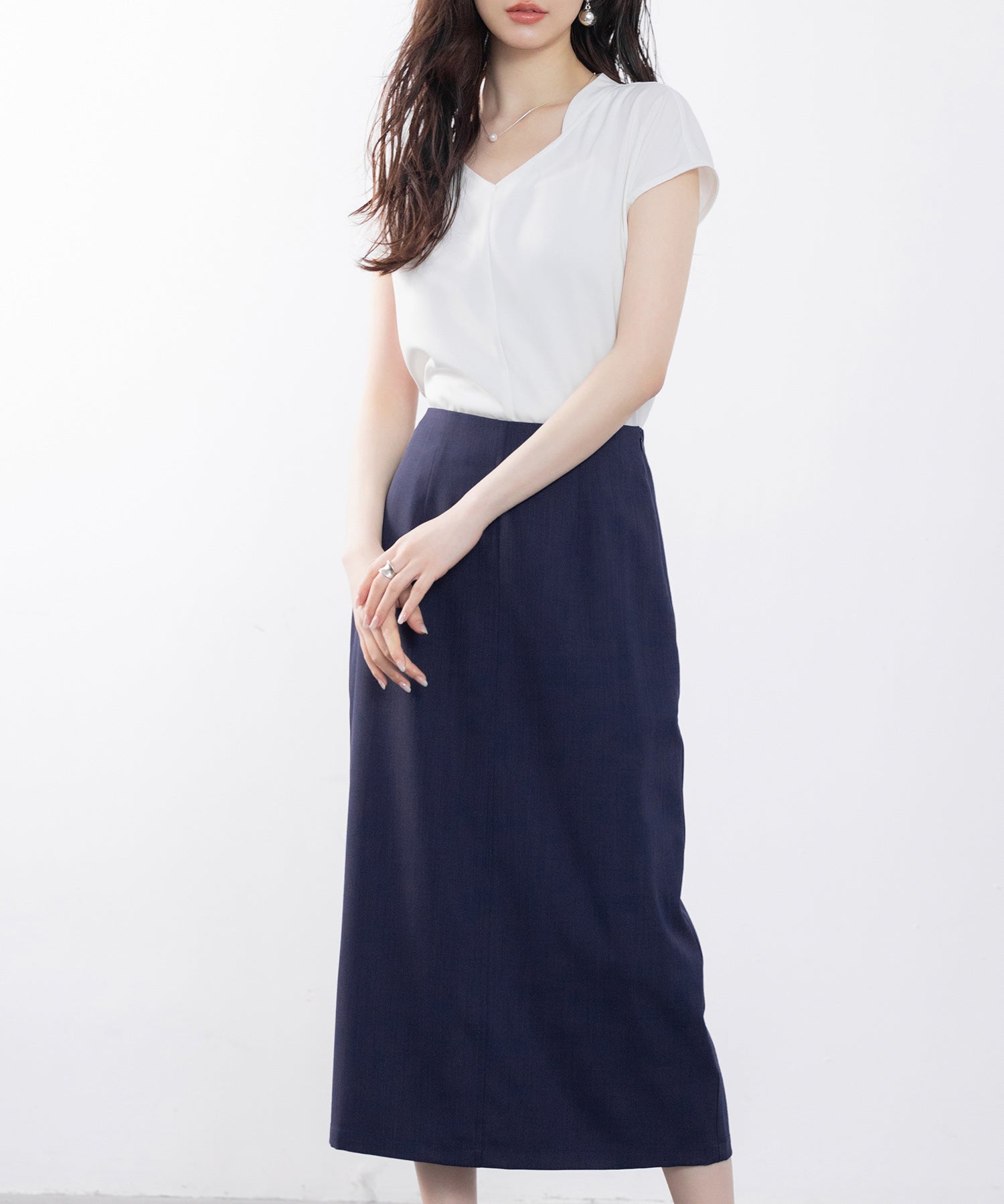 ハイウエスト仕様ミモレ丈スカートsdp0193 ネイビー