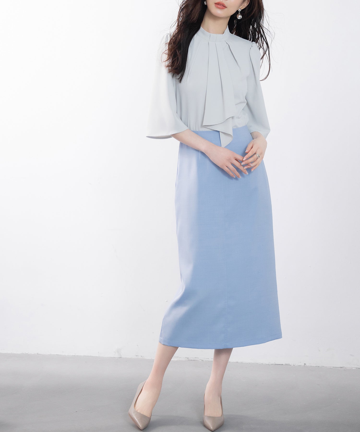 ハイウエスト仕様ミモレ丈スカートsdp0193 ブルー