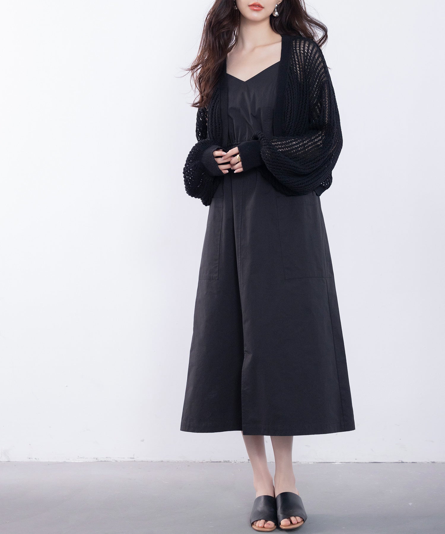 ドロストリボンVネックキャミワンピースsdp0194 ブラック