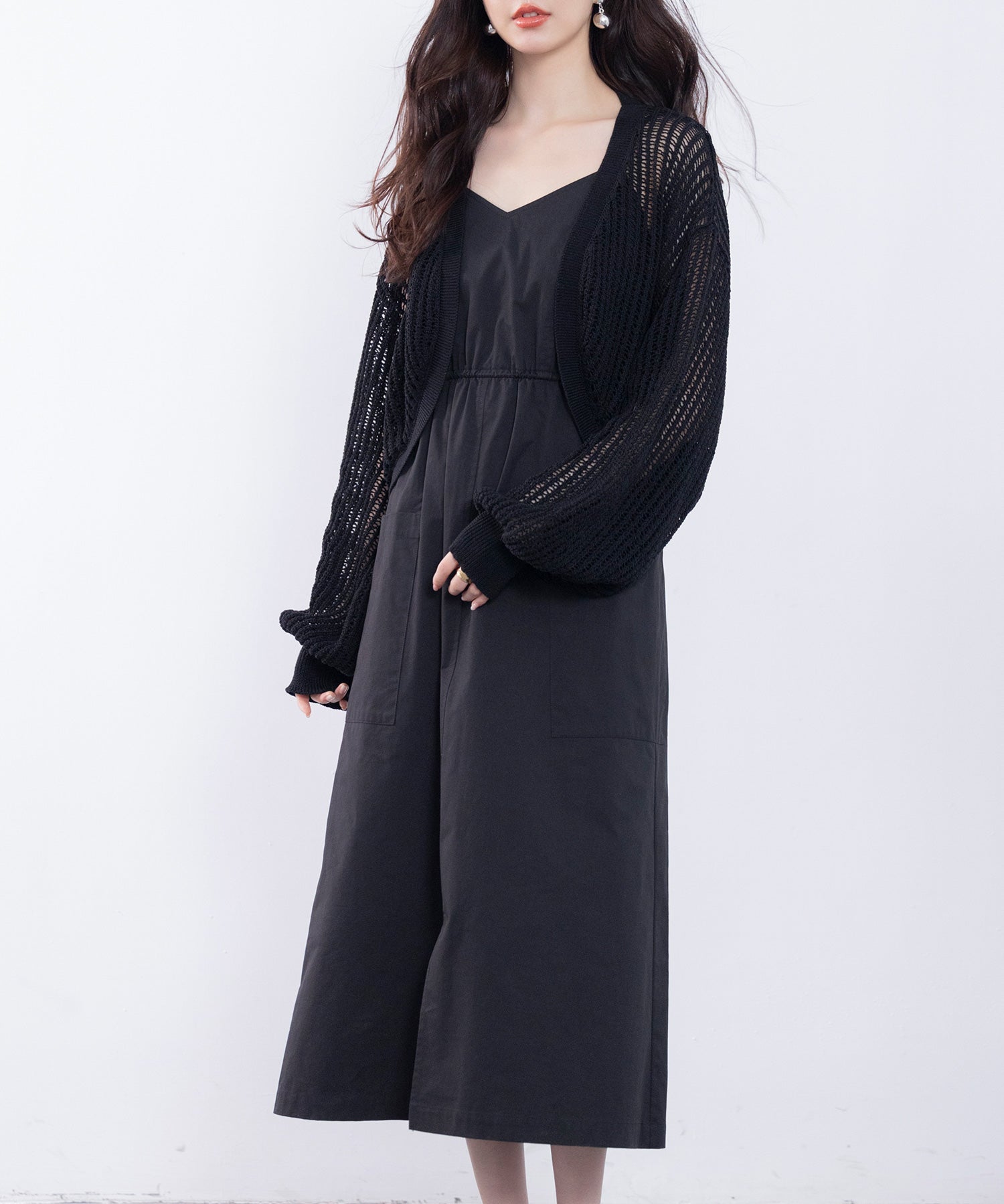 ドロストリボンVネックキャミワンピースsdp0194 ブラック