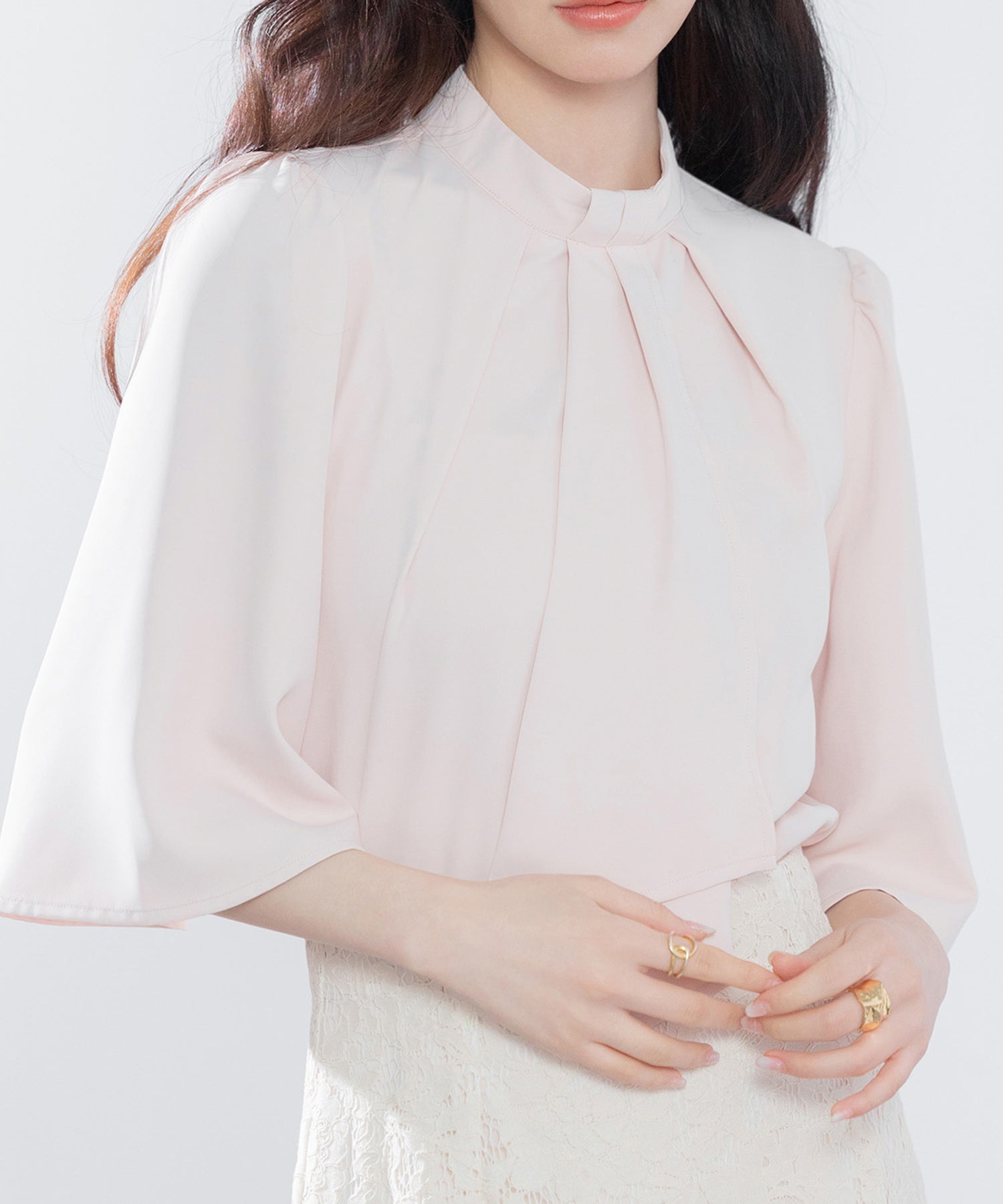 5分丈スリーブスタンドカラーブラウスsdp0199 ピンクベージュ