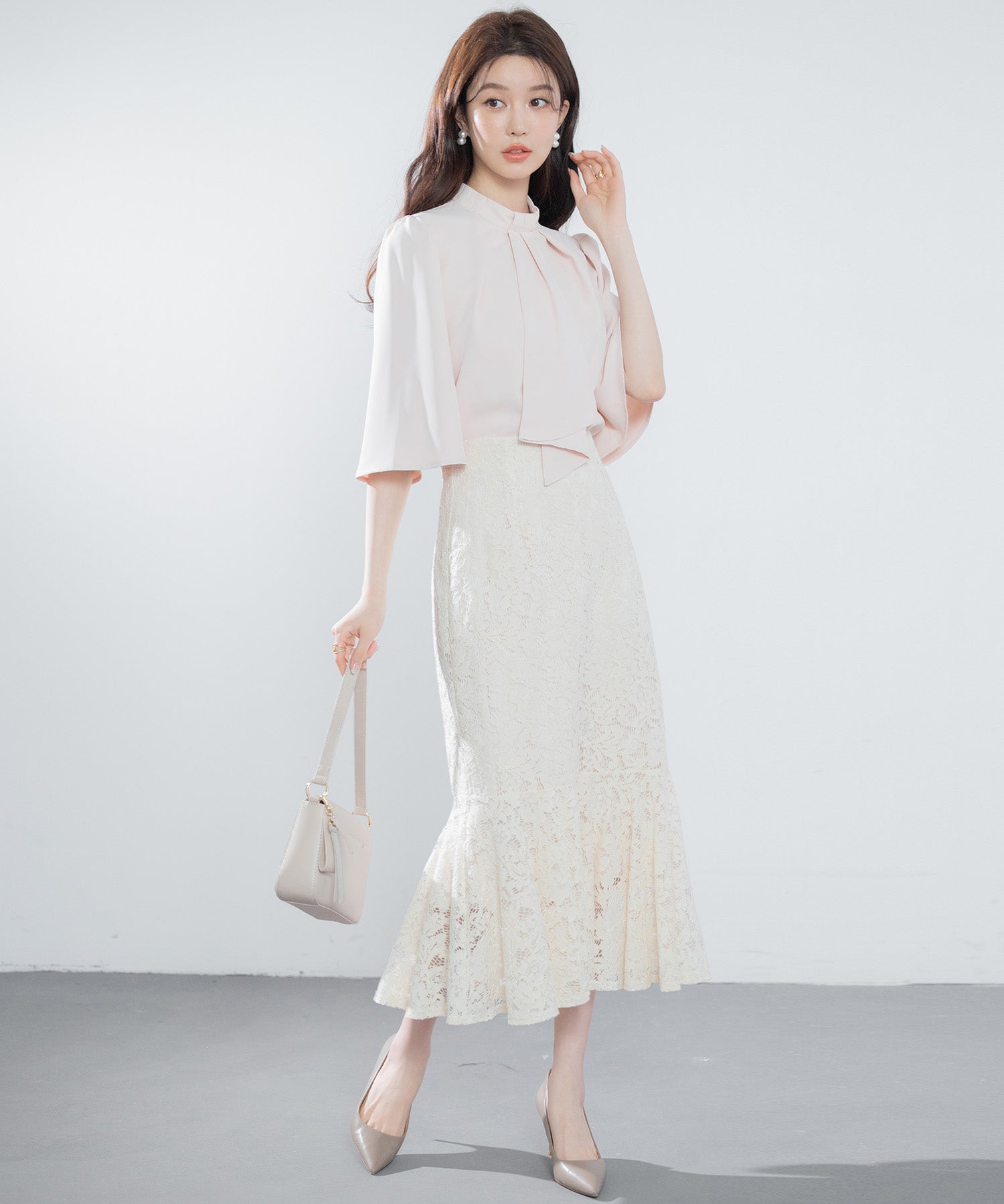 5分丈スリーブスタンドカラーブラウスsdp0199 ピンクベージュ