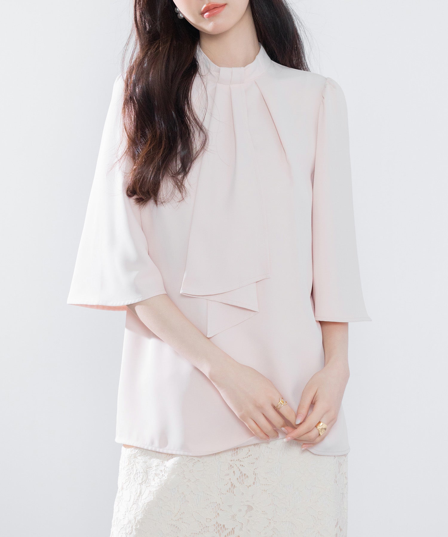 5分丈スリーブスタンドカラーブラウスsdp0199 ピンクベージュ