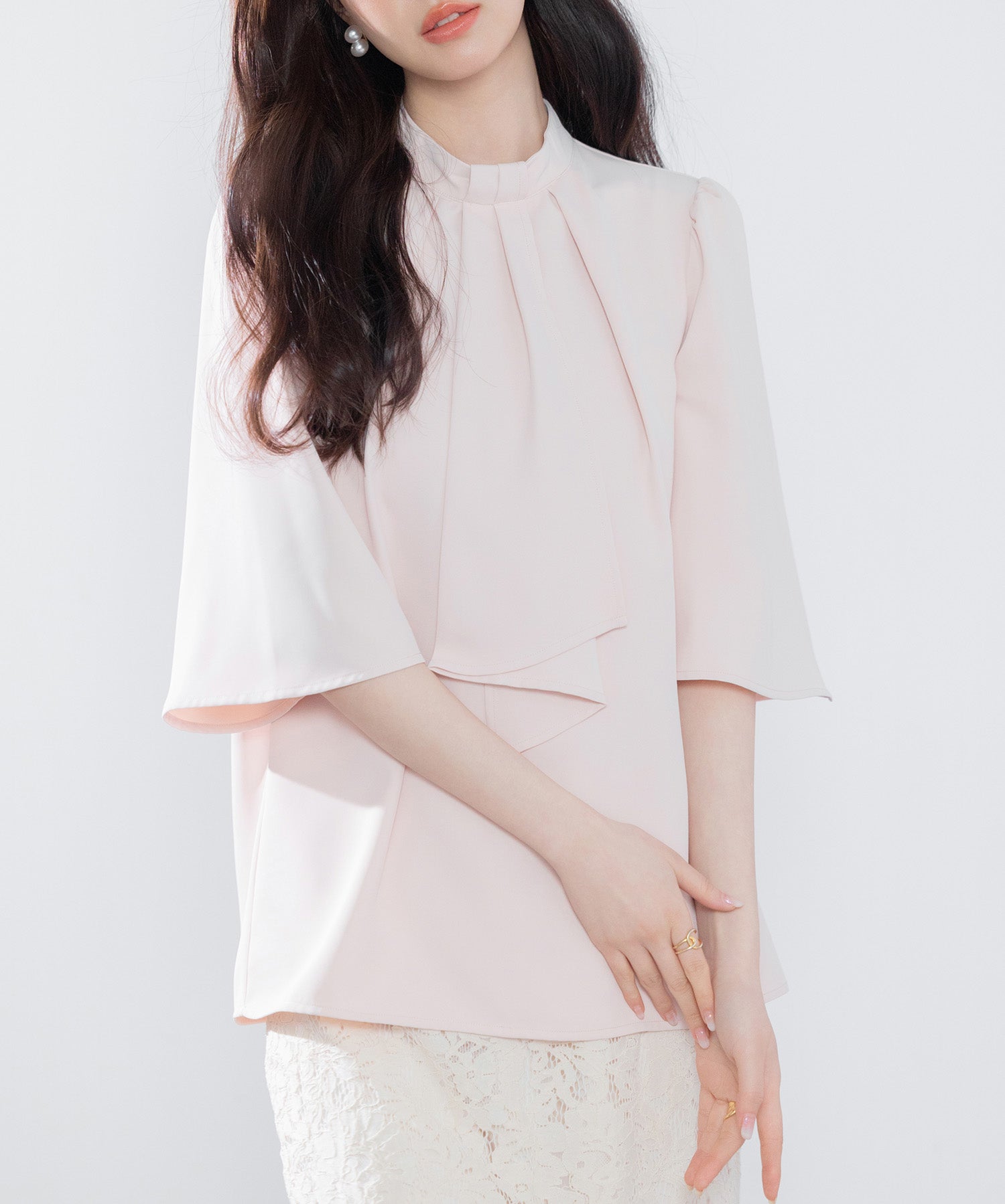 5分丈スリーブスタンドカラーブラウスsdp0199 ピンクベージュ