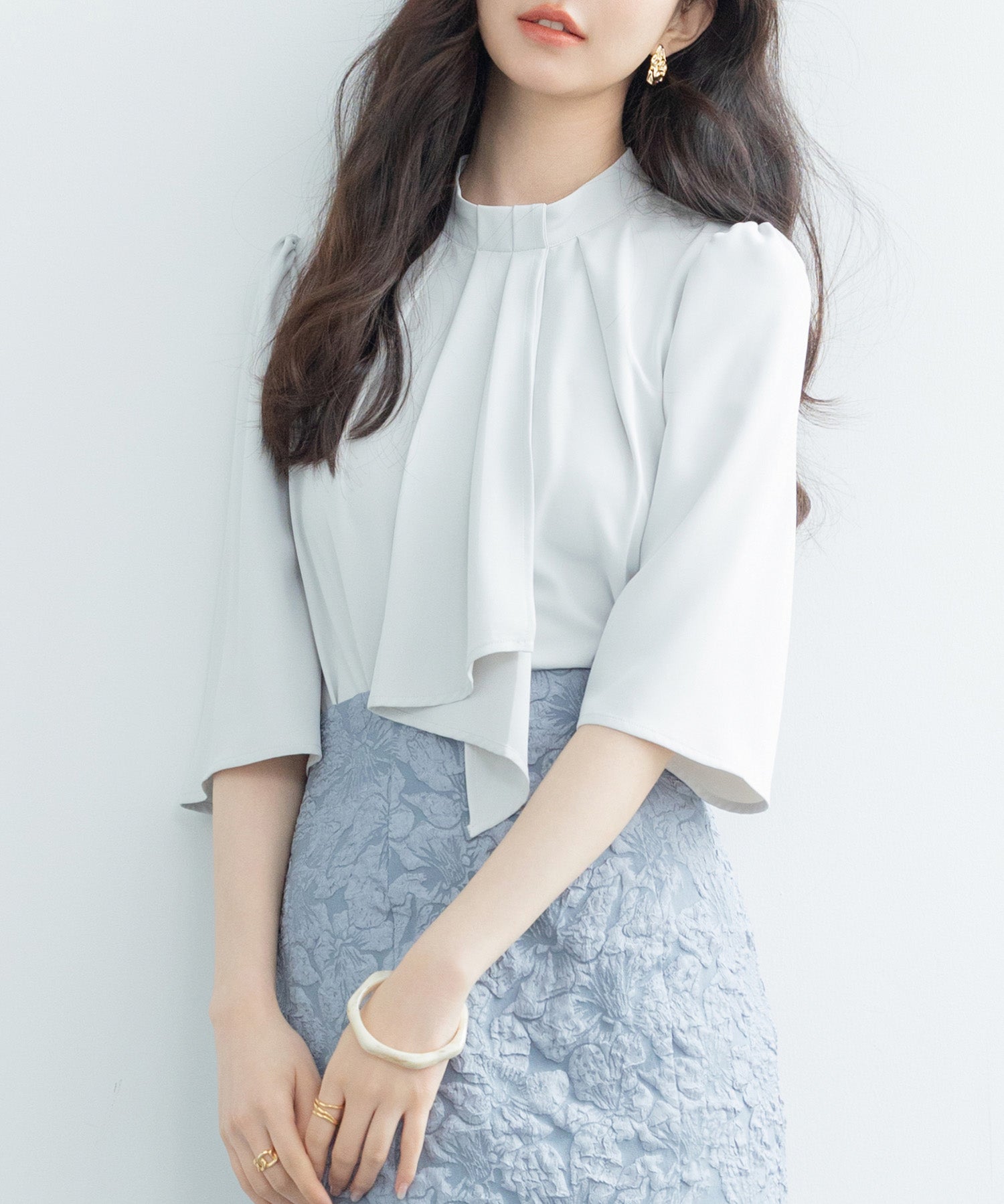 5分丈スリーブスタンドカラーブラウスsdp0199 ライトグリーン