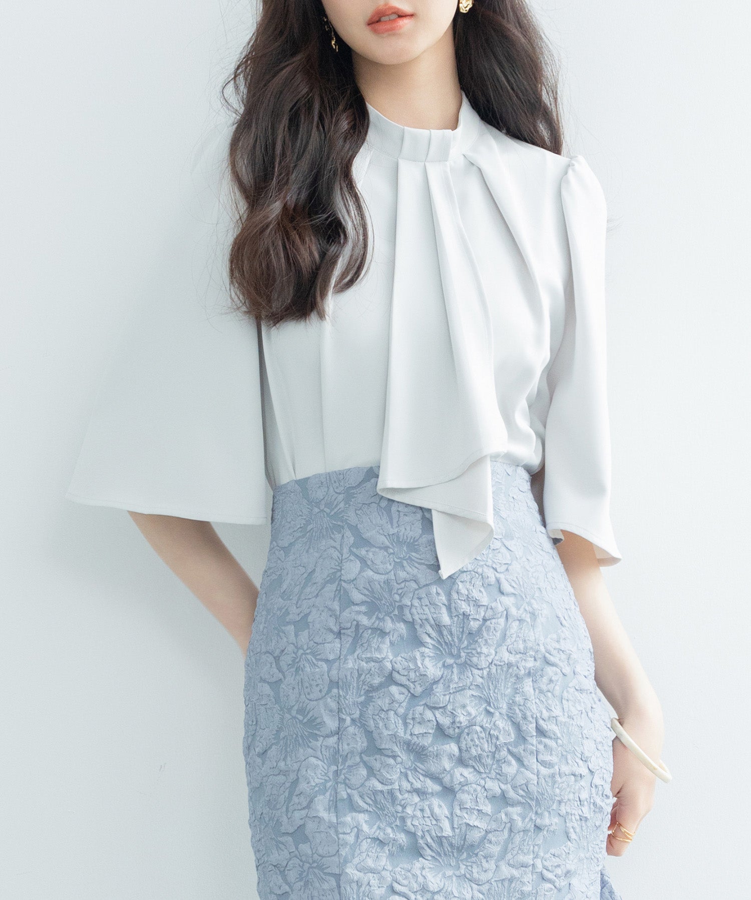 5分丈スリーブスタンドカラーブラウスsdp0199 ライトグリーン